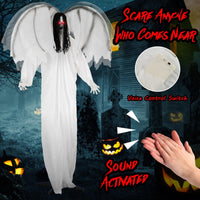 Tangkula 6.6 Feet Halloween Animatronic Standing Angel with Sound-Activated Light-up Eyes and Flapping Wings
