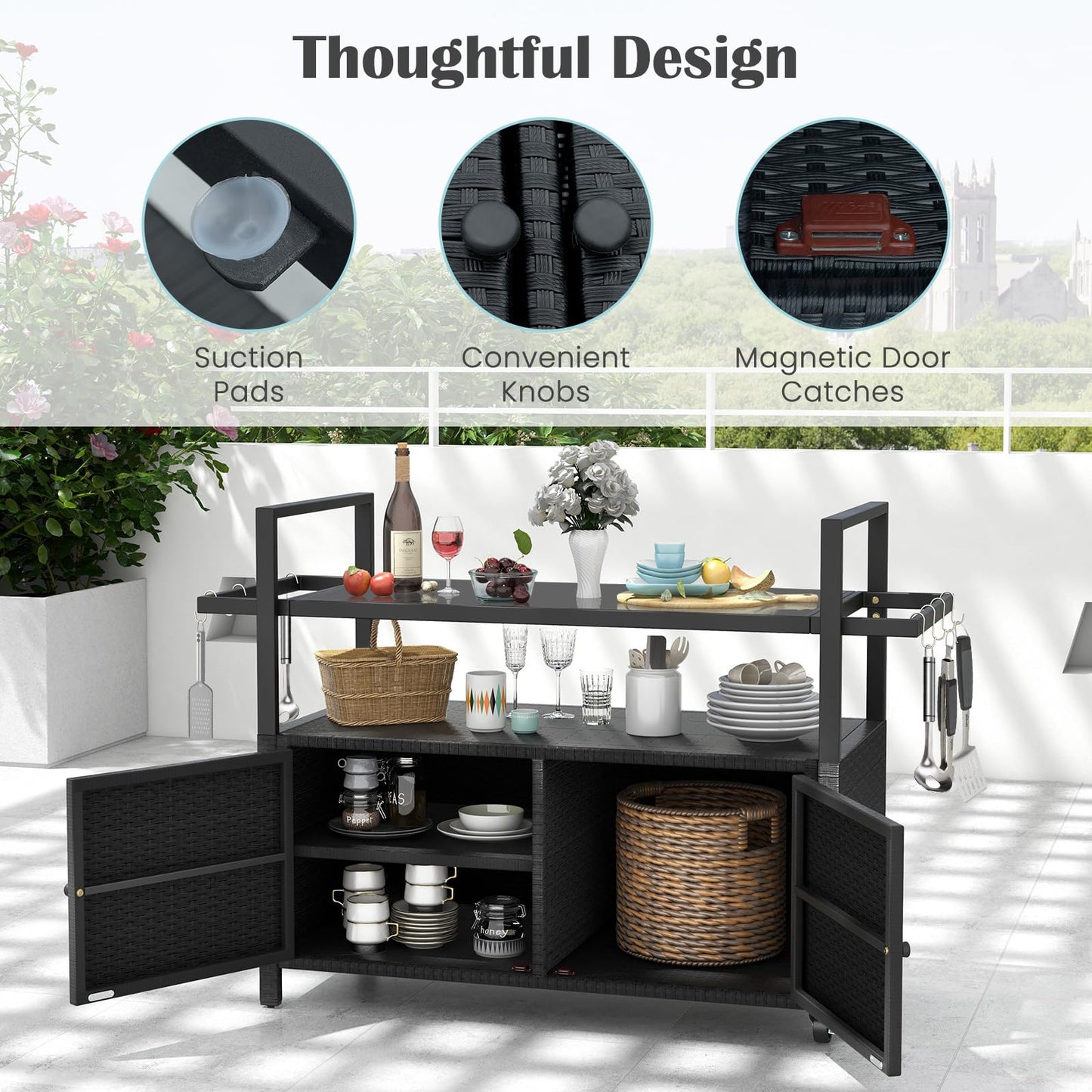 Tangkula Outdoor Bar Cart Patiojoy Rolling Wicker Buffet Serving Cart