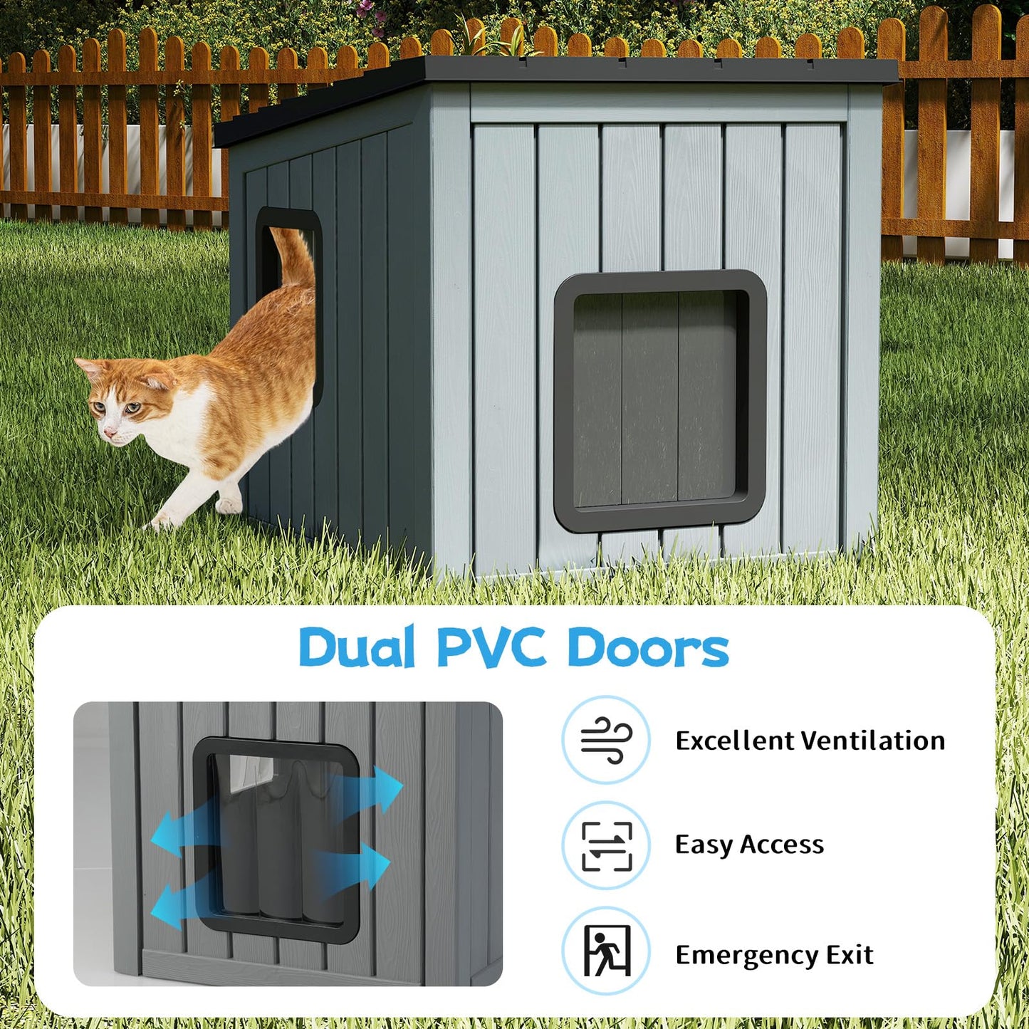 Niche pour chat Tangkula en plastique résistant aux intempéries avec 2 portes en PVC et toit en pente