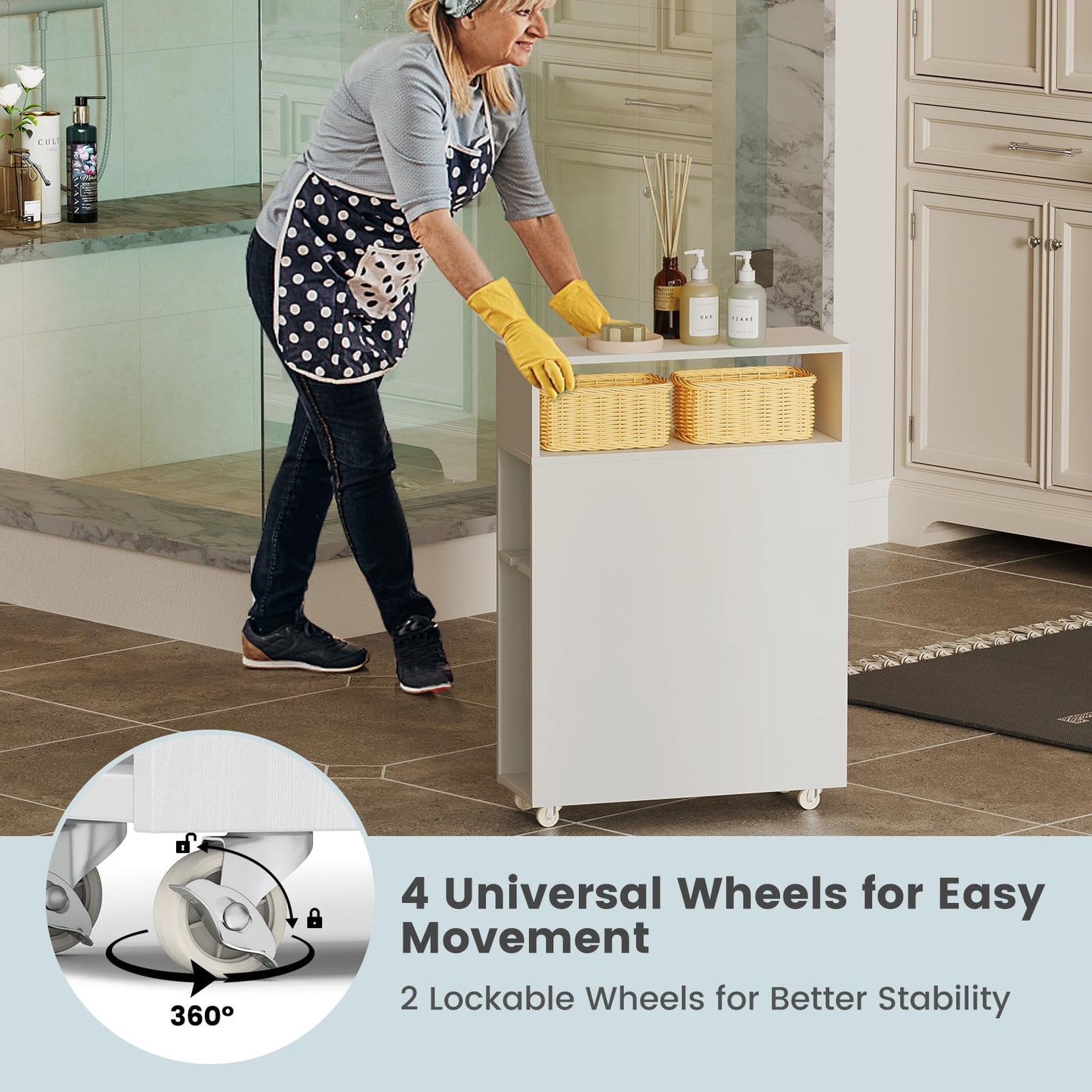Tangkula Bathroom Storage Wood Bathroom Rolling Floor Cabinet