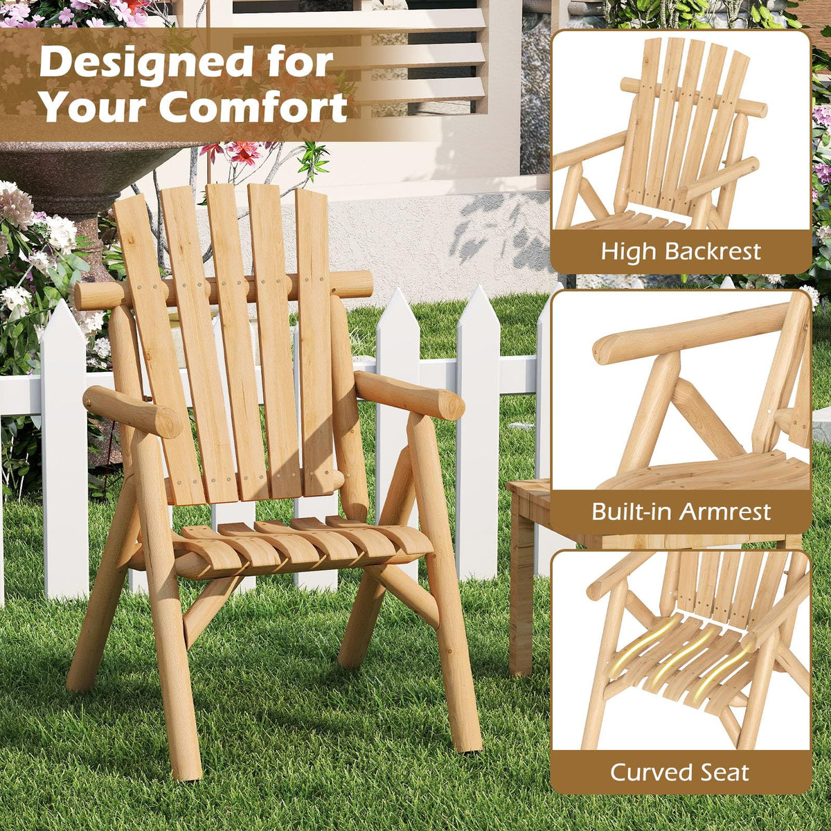 Tangkula Log Wood Patio Chair with Slatted Backrest