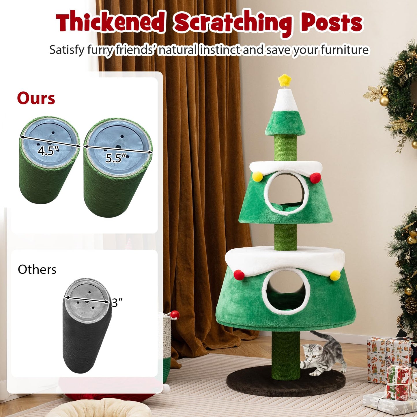 Tangkula Arbre à chat de Noël pour chats d'intérieur, mignonne tour à chat de vacances avec 2 niches