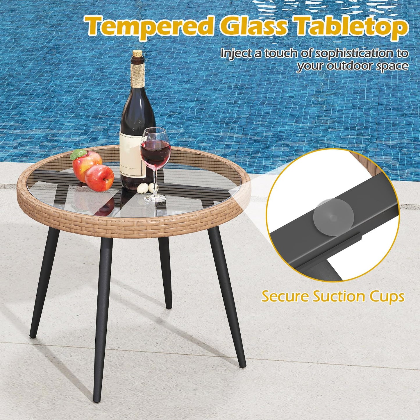 Tangkula 3 Piece Patio PE Rattan Conversation Chairs with Round Glass Table