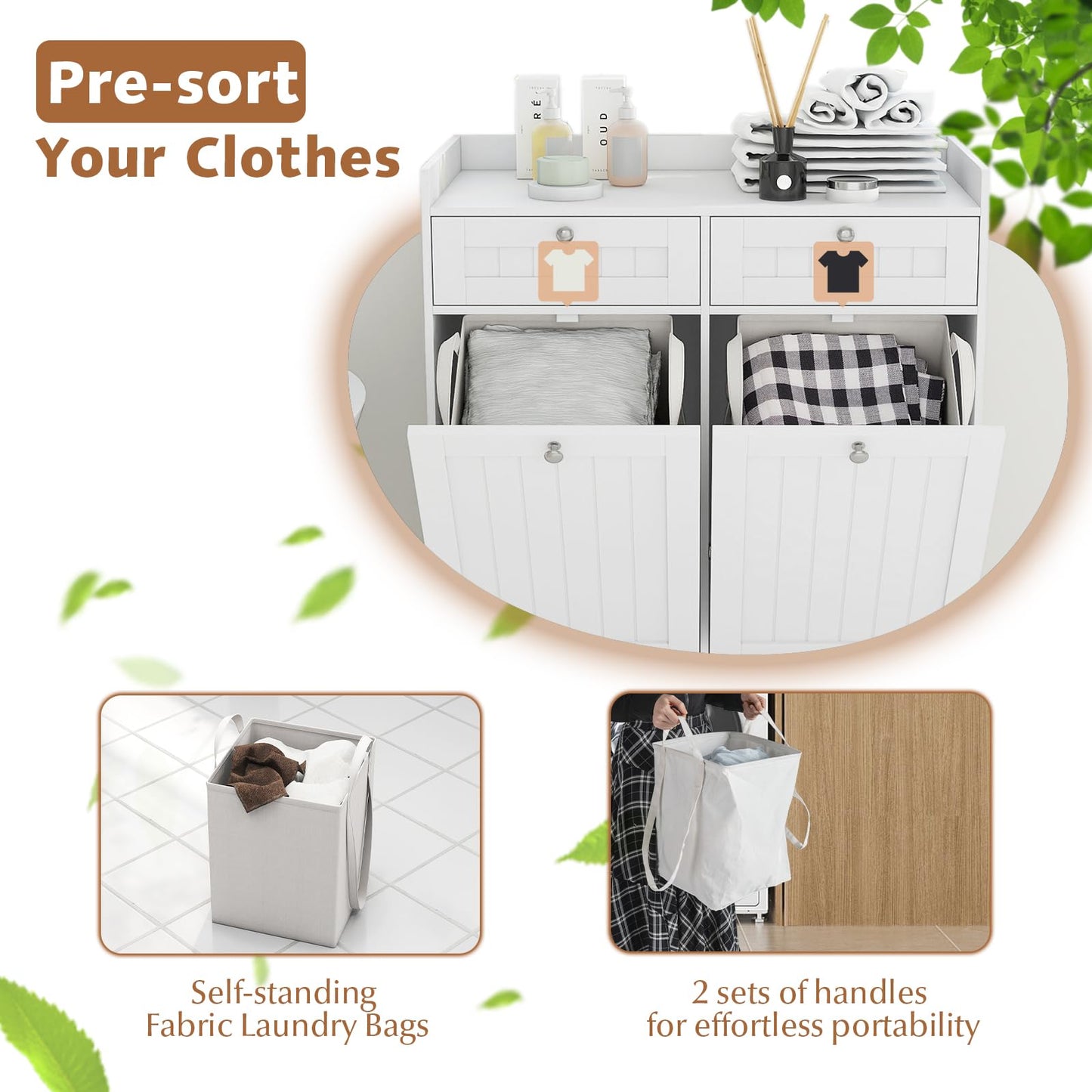 Tangkula Meuble de rangement double à bascule pour panier à linge, 80 cm de haut, pour salle de bain