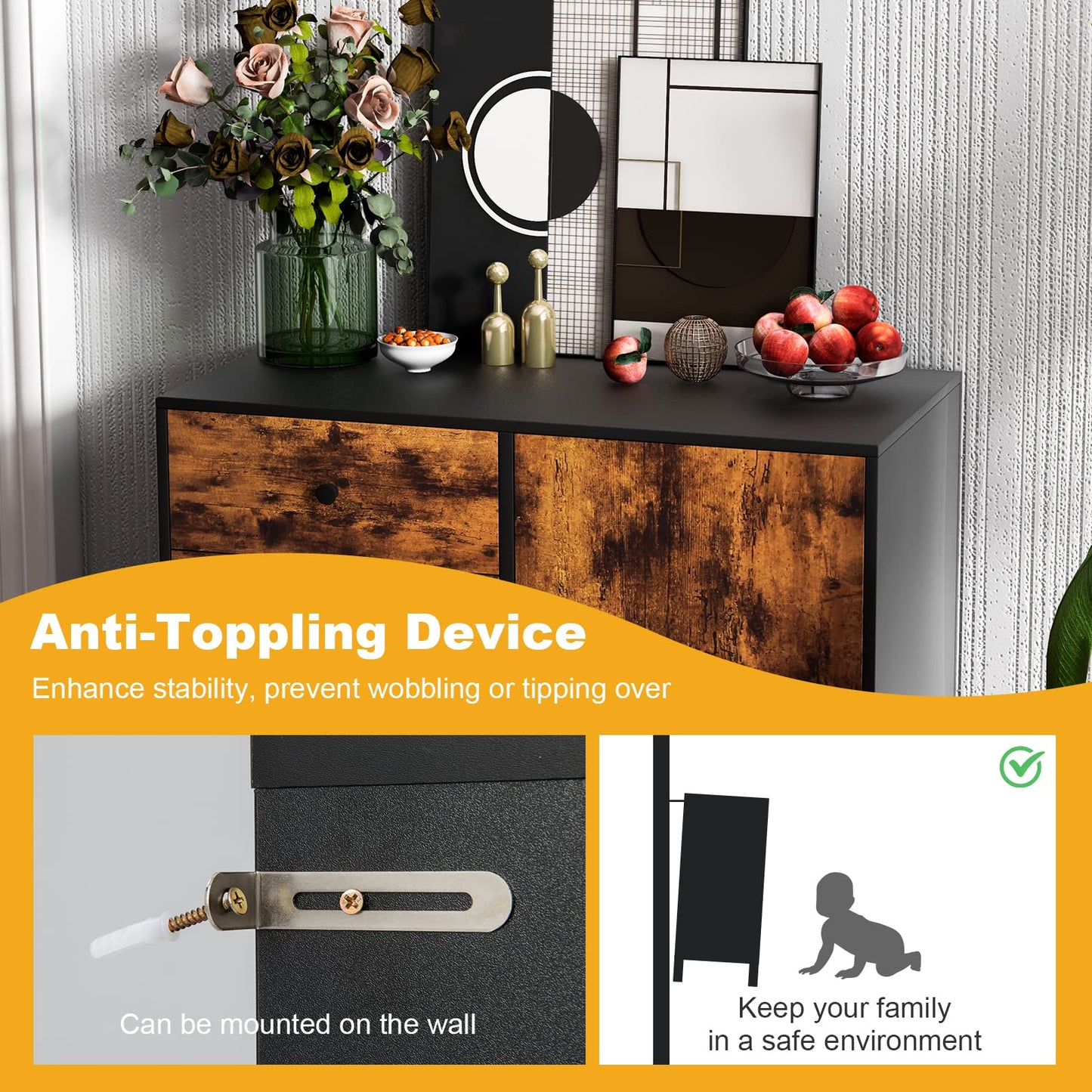 Tangkula Storage Cabinet with 3 Drawers and Door Cabinet