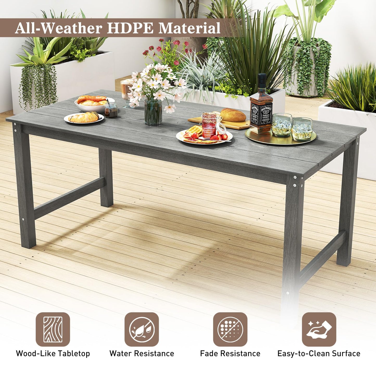 Tangkula 67" HDPE Outdoor Dining Table with Wood-Like Tabletop and Umbrella Hole