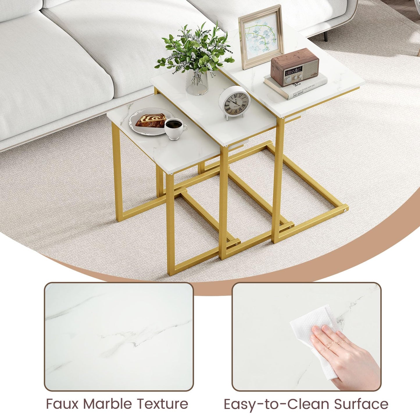 Tangkula Nesting Table Set of 3 Rectangle Stacking Side End Table with Wood Top & Metal Legs