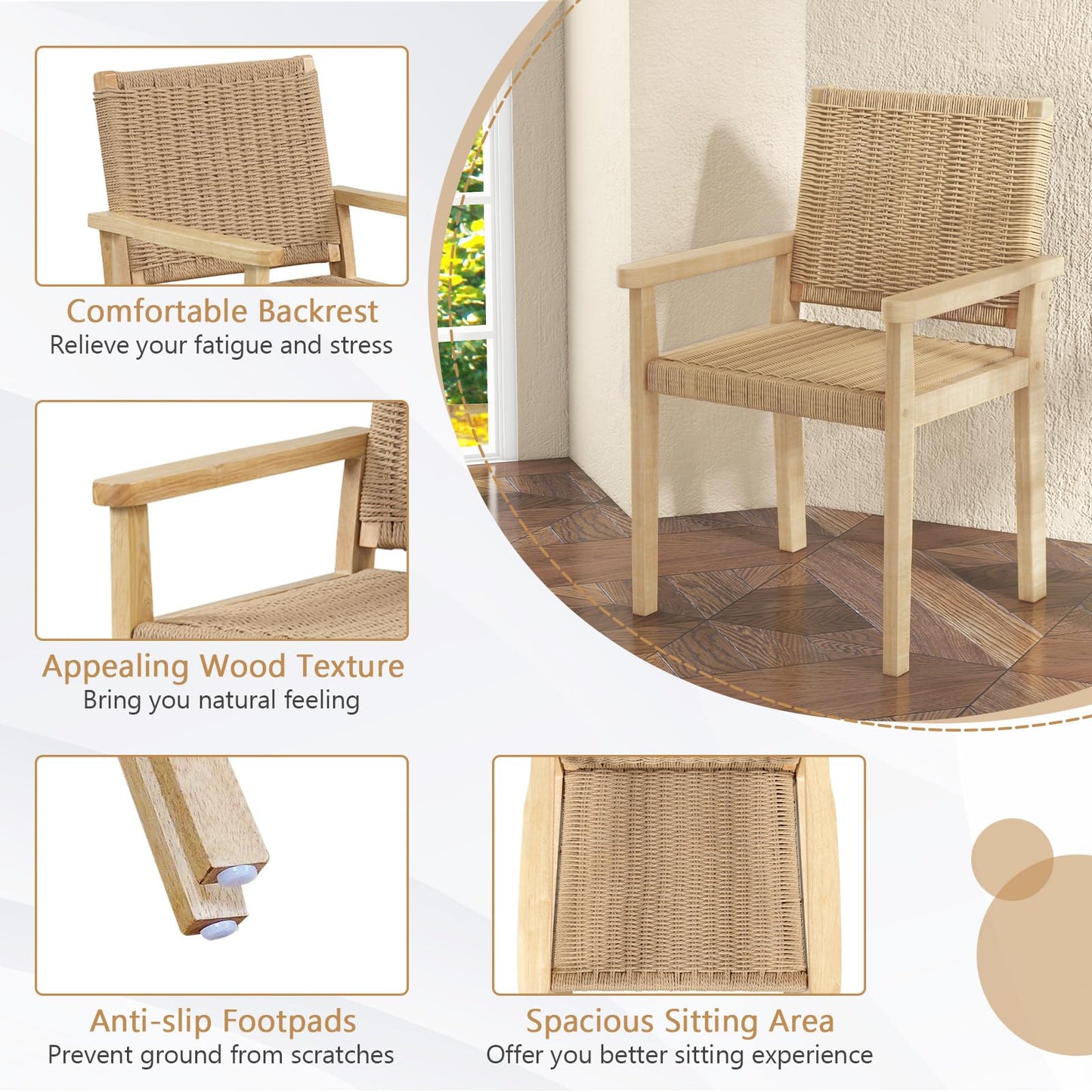 Tangkula Patio Dining Chairs w/Paper Rope Woven Seat