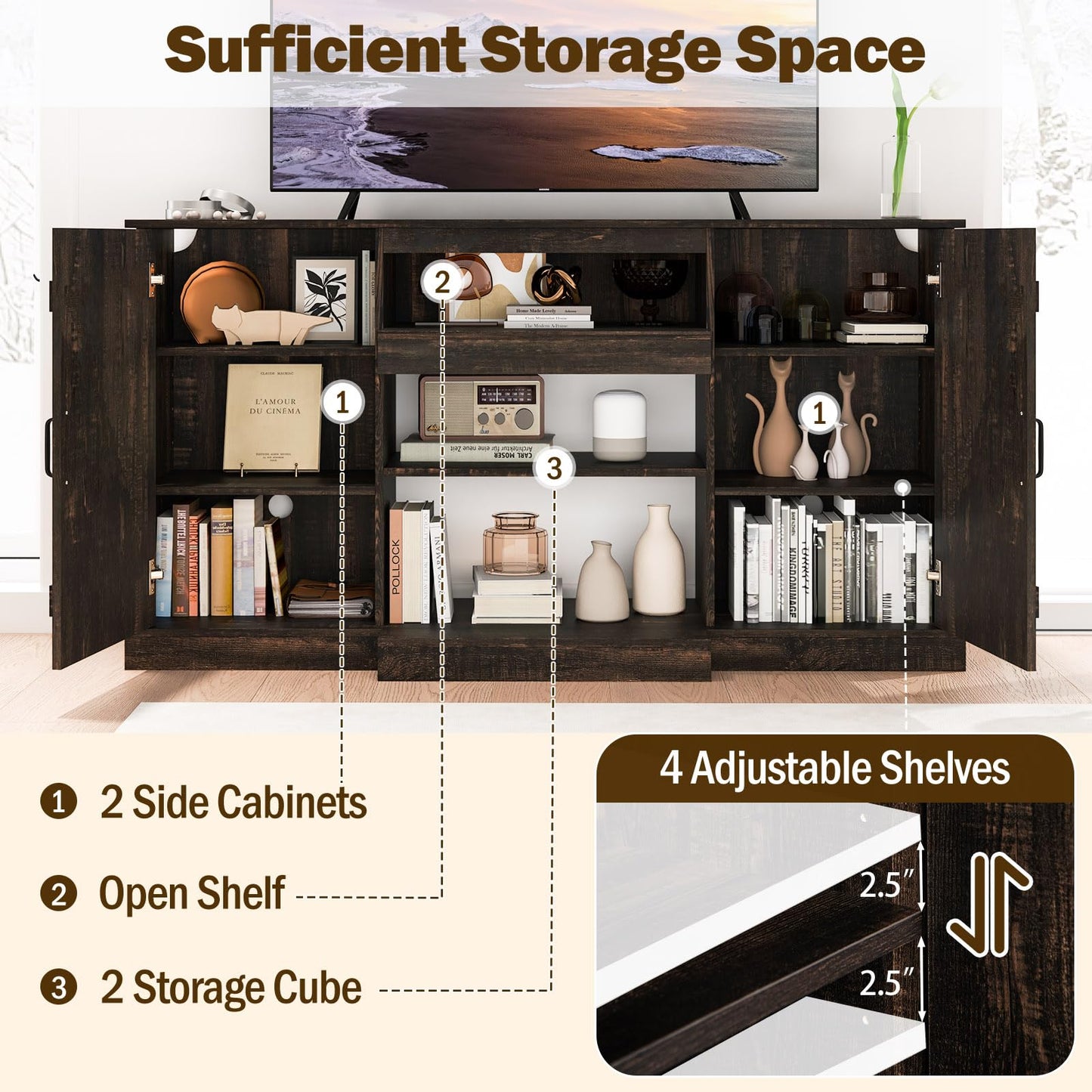 Tangkula 58”L Farmhouse LED TV Stand for TV up to 65 Inch