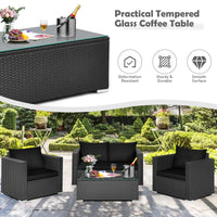 Patio Rattan Conversation Furniture Set, Outdoor Wicker Sofa Set with Padded Cushion & Tempered Glass Coffee Table