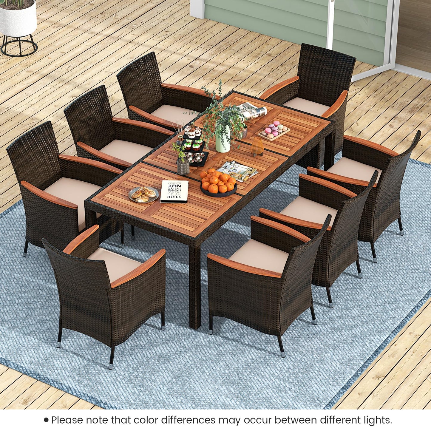 Tangkula 7 or 9 Piece Outdoor Dining Set, Patio Wicker Furniture Set with Acacia Wood Table Top w/Umbrella Hole