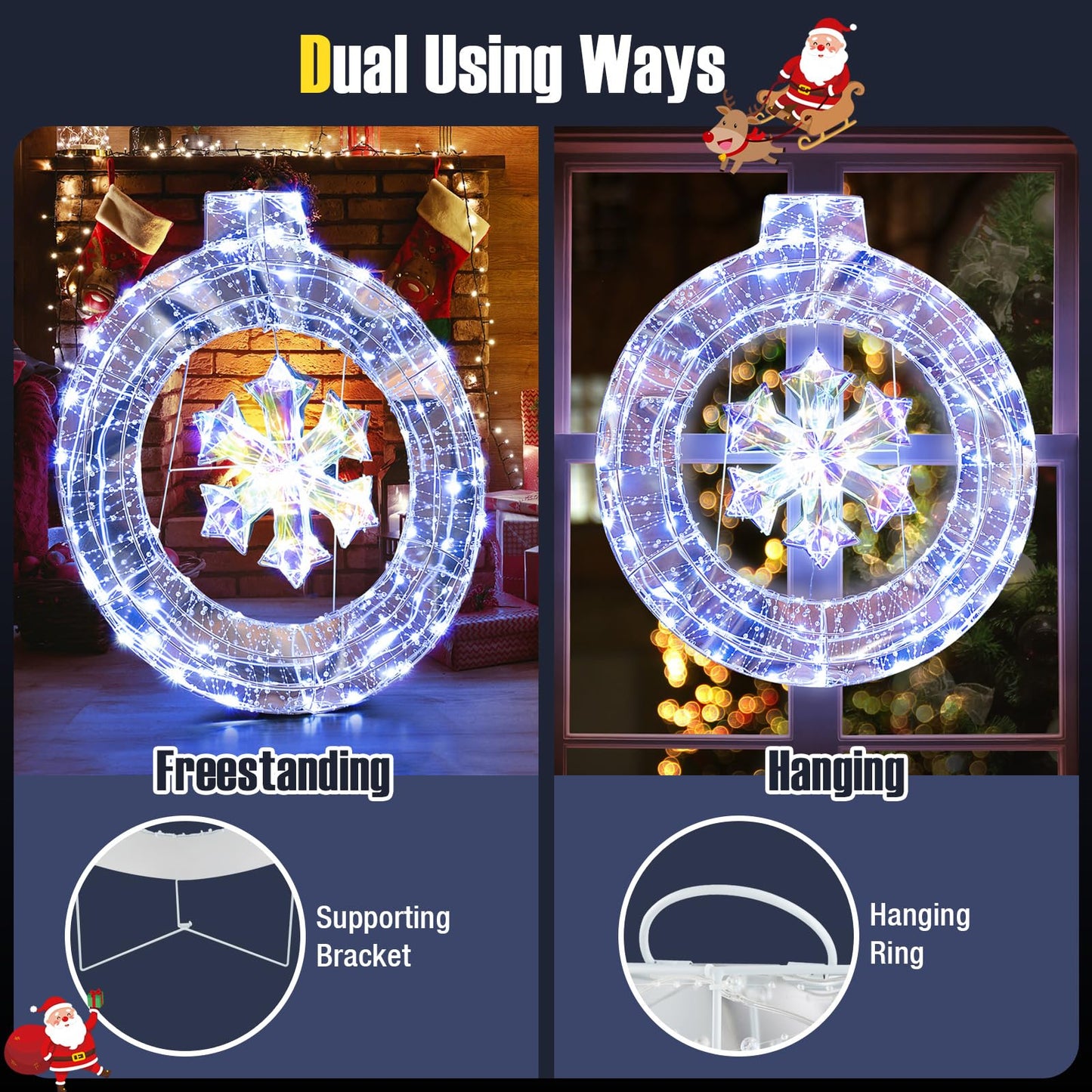 Tangkula 33 Inch Lighted Snowflake Christmas Wreath w/Hanging Ring & Support Bracket