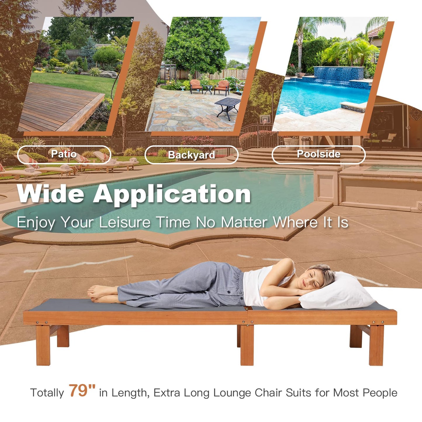 Tangkula Wood Lounge Chair Outdoor for Poolside Lawn Backyard