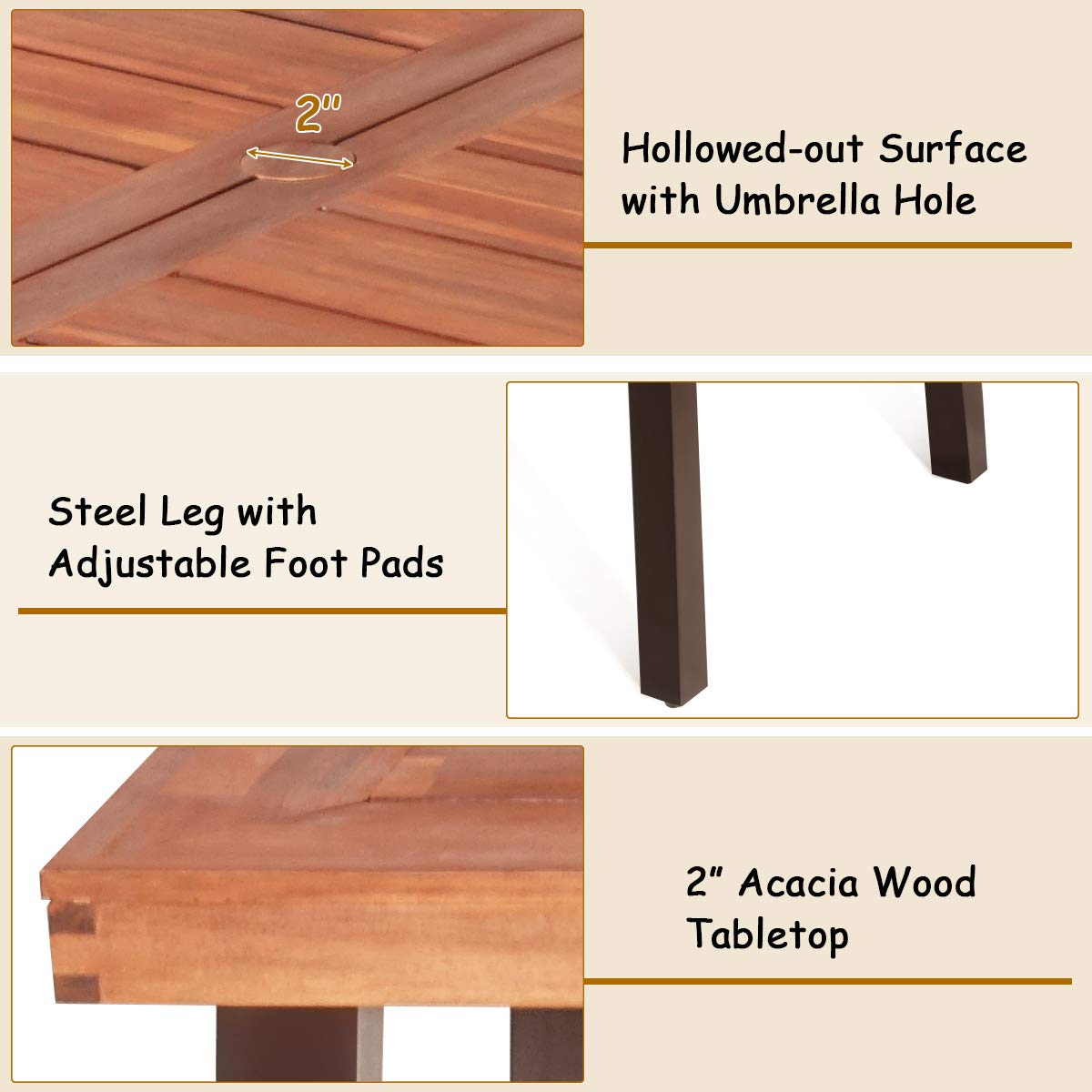 Tangkula Acacia Wood Outdoor Dining Table with Umbrella Hole
