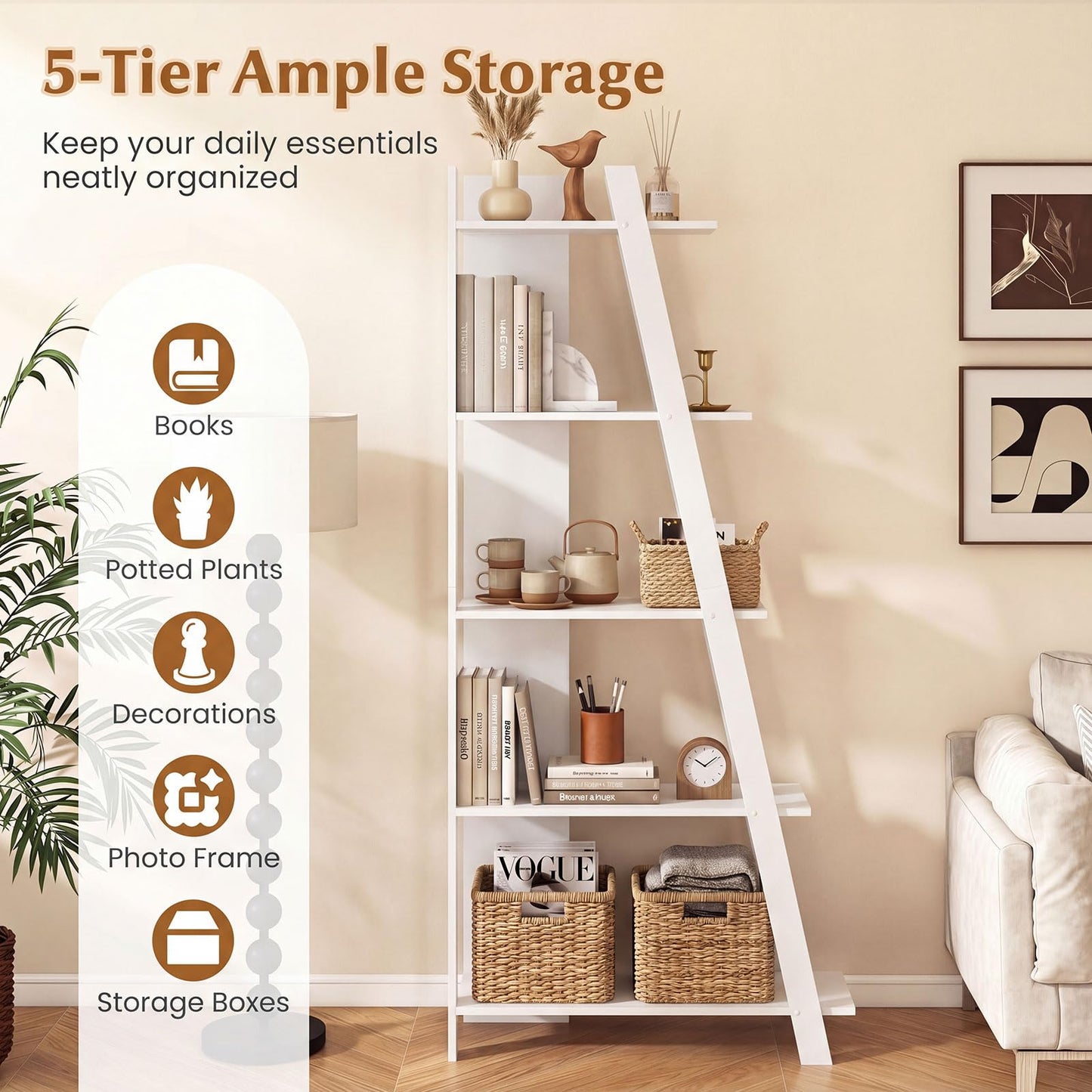 Tangkuka 4/5-Tier Ladder Bookshelf for Living Room
