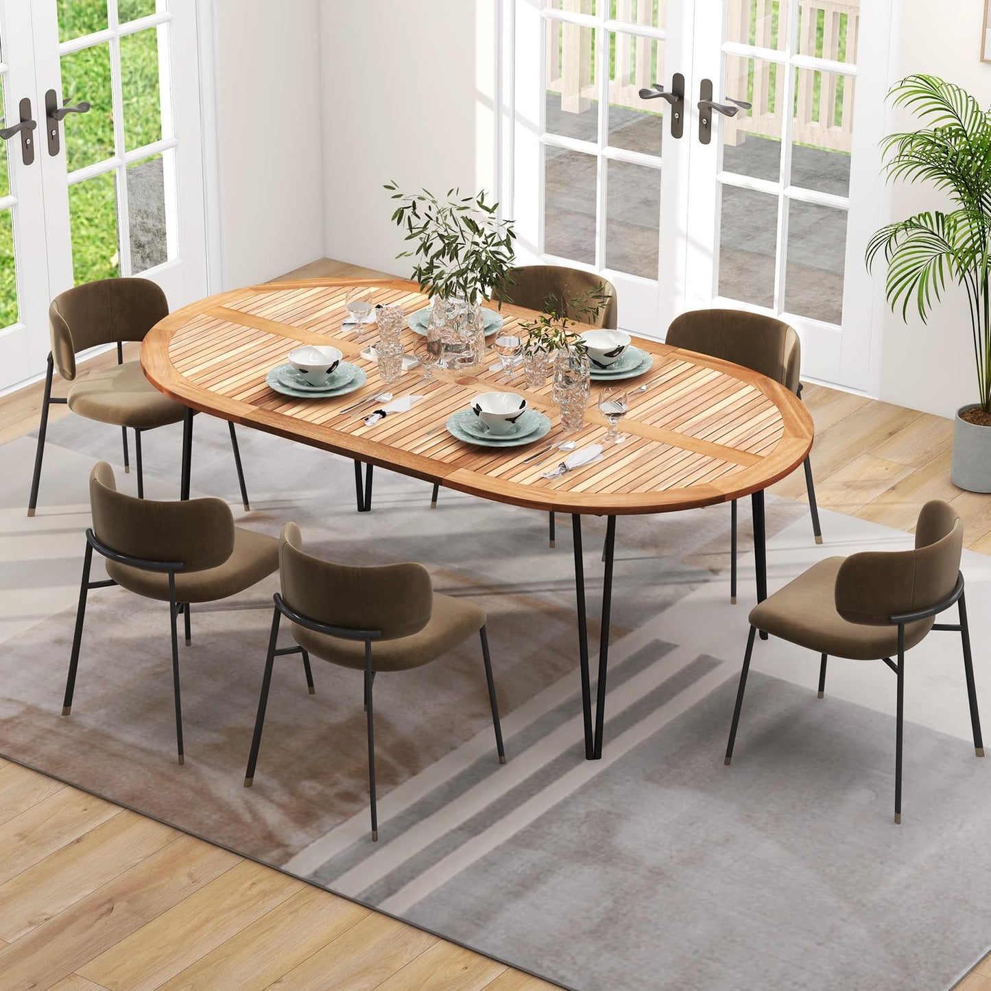 Table de salle à manger Tangkula 79 pouces pour patio, table à manger intérieure et extérieure avec trou pour parasol, plateau en bois d'acacia