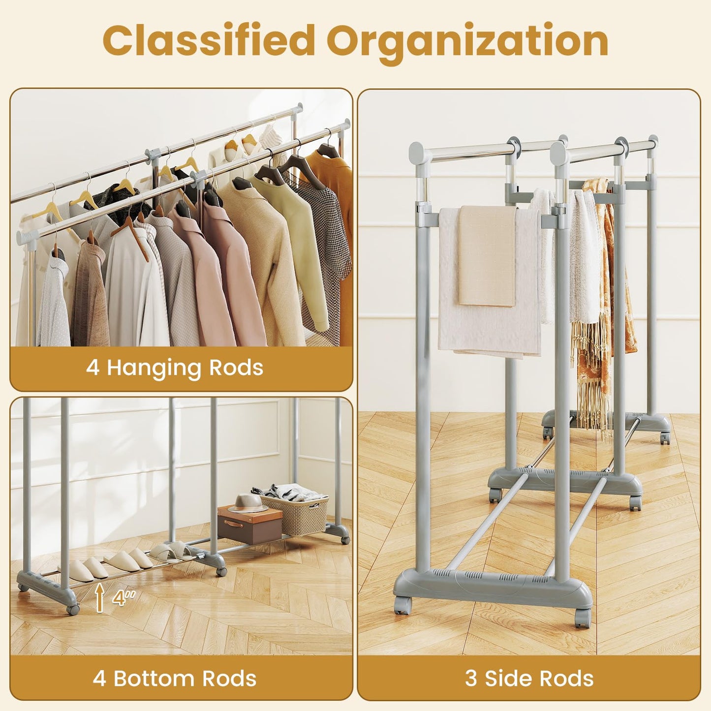 Tangkula Extendable Double Rods Garment Rack for Bedroom & Laundry