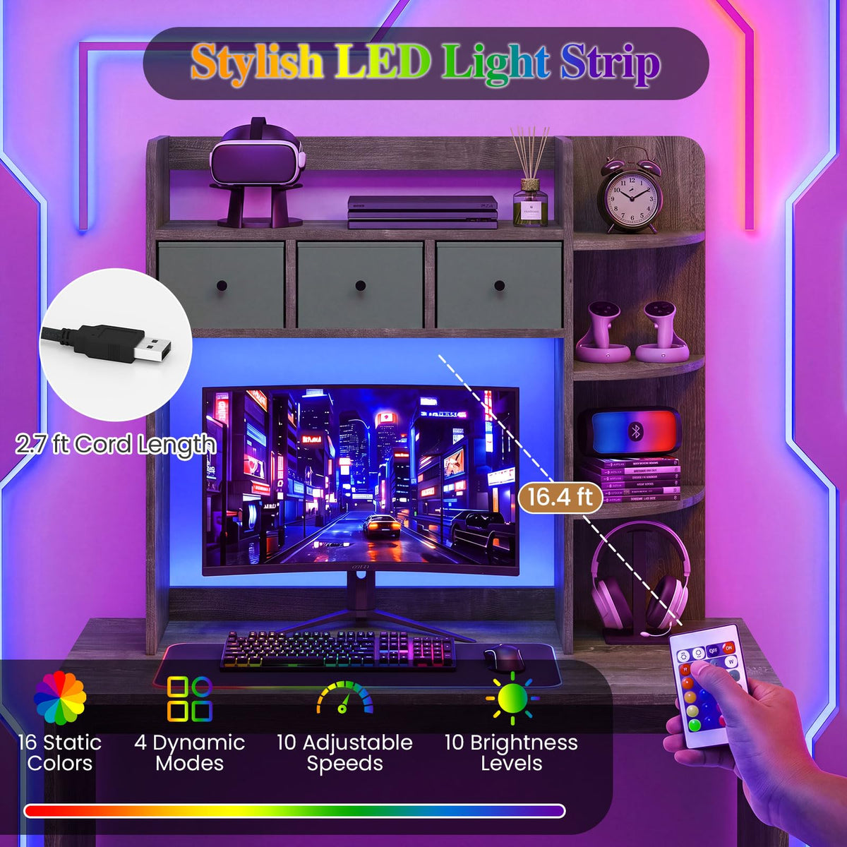 Tangkula Desktop Bookshelf with LED Lights Dorm Desk Hutch