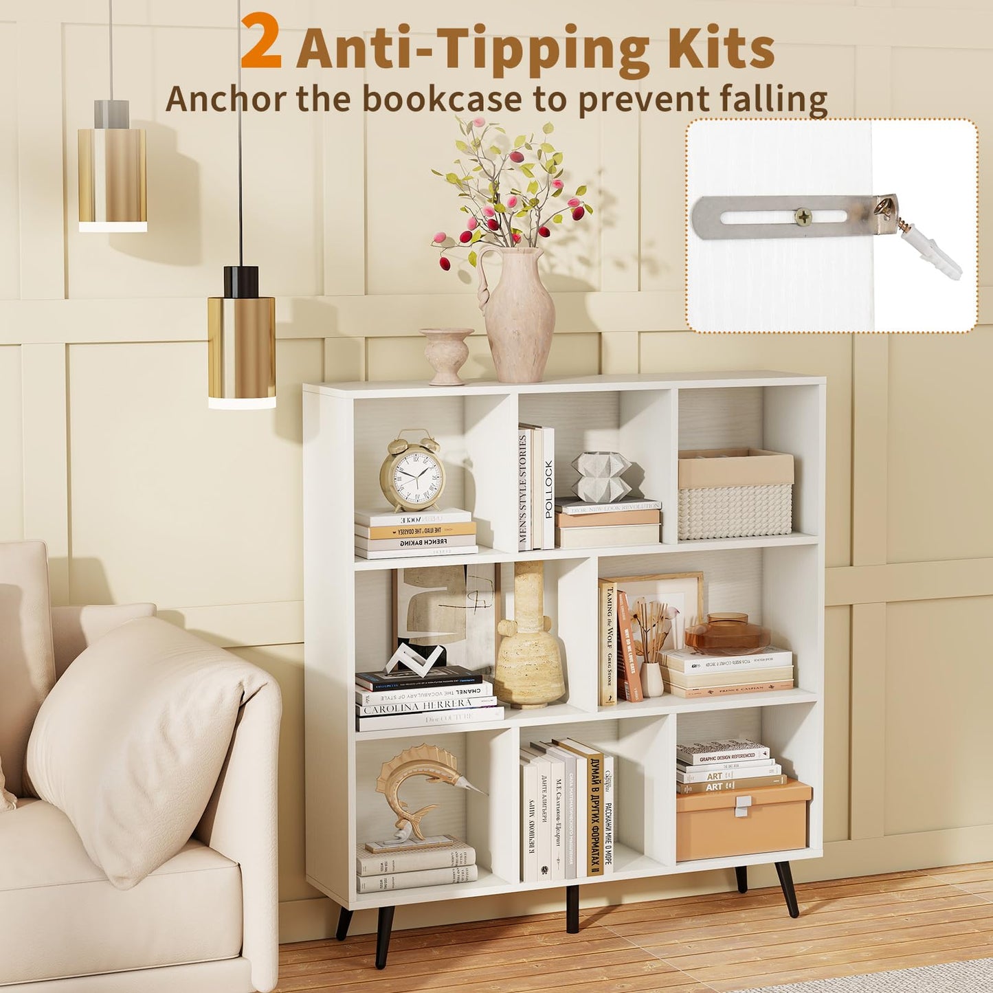 Tangkula 8-Cube Bookcase with 5 Tapered Metal Legs & 2 Anti-Tip Kit