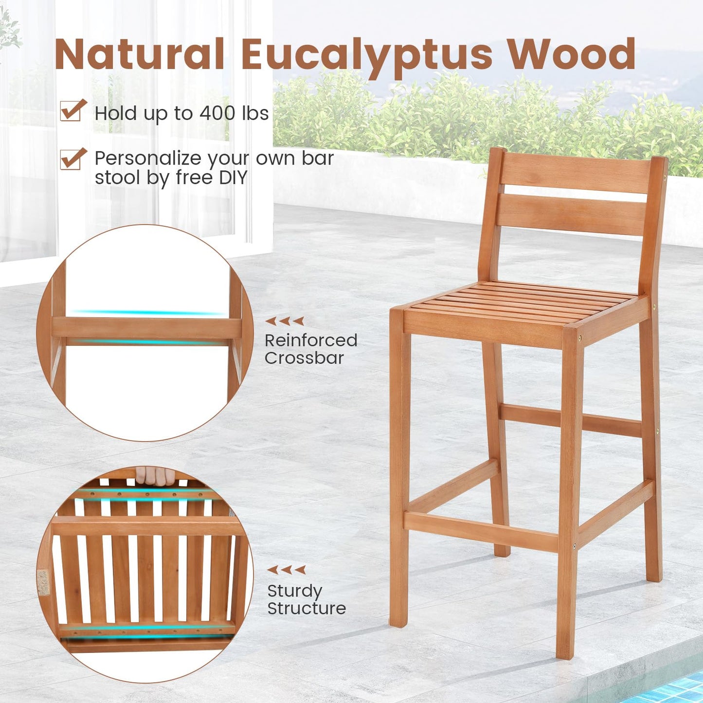 Tangkula Patio Eucalyptus Wood Bar Stools Set of 2/4