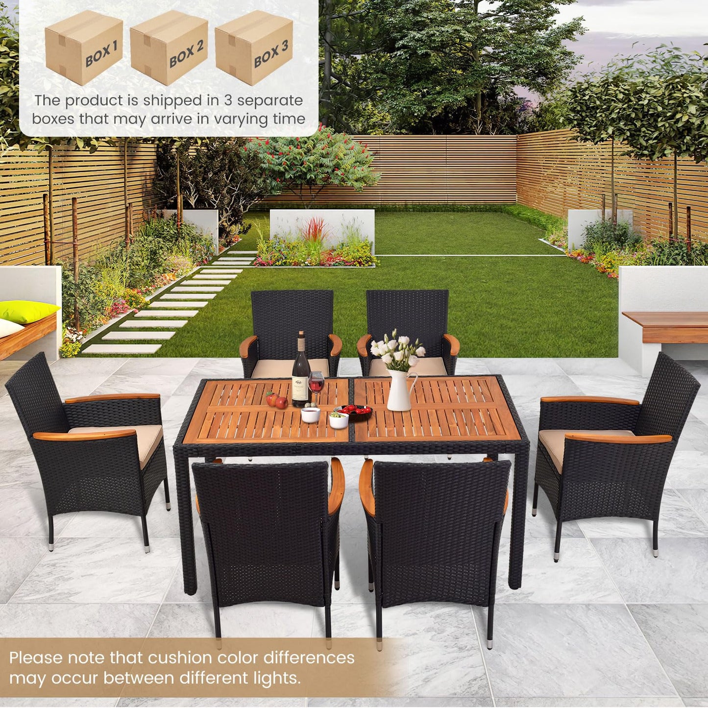 Tangkula 7 PCS Outdoor Dining Set, Patio Conversation Set with Acacia Wood Tabletop, Umbrella Hole, Removable Seat Cushions
