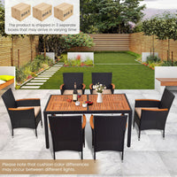 Tangkula 7 PCS Outdoor Dining Set, Patio Conversation Set with Acacia Wood Tabletop, Umbrella Hole, Removable Seat Cushions