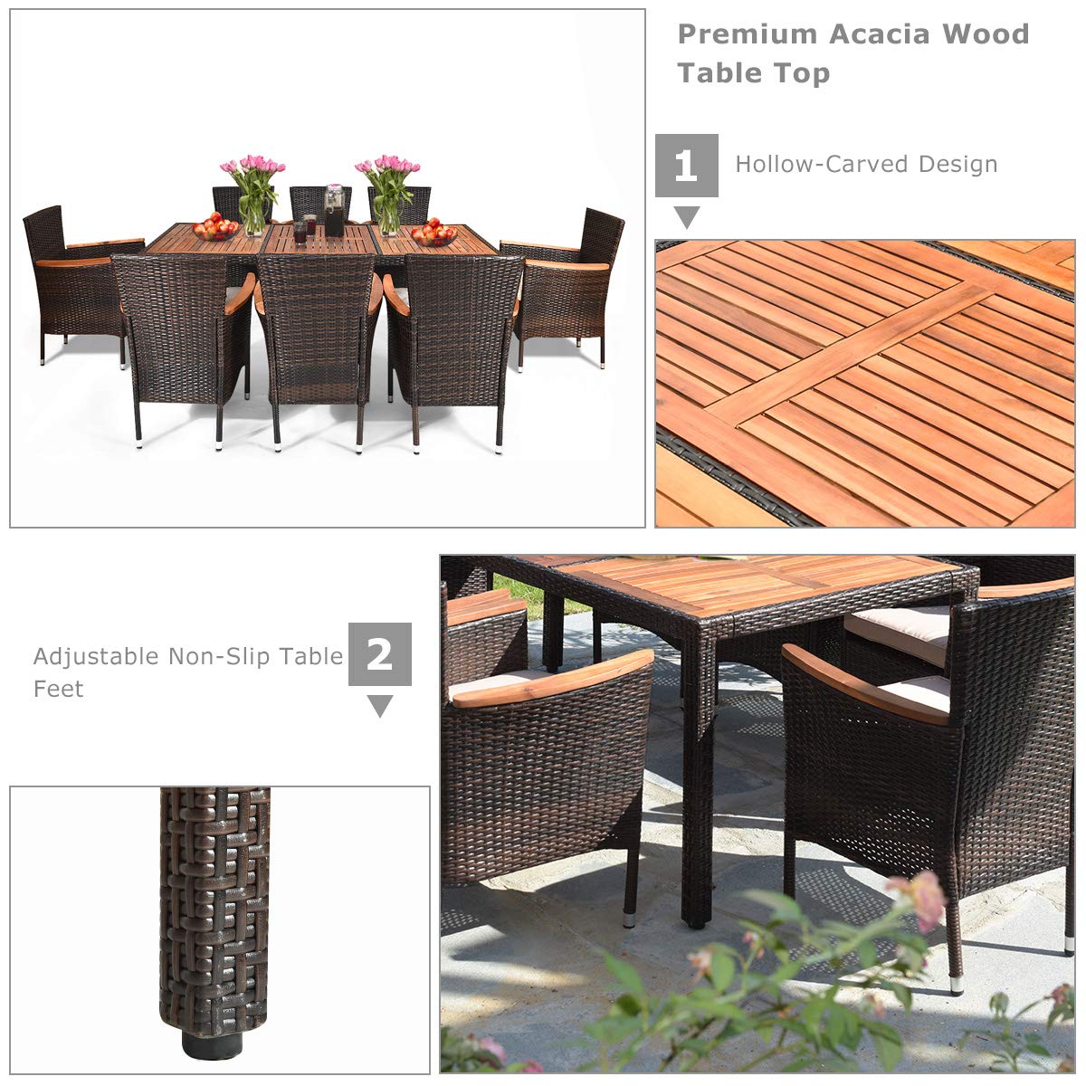 Tangkula 9 Piece Outdoor Dining Set with Acacia Wood Table and Stackable Armrest Chairs