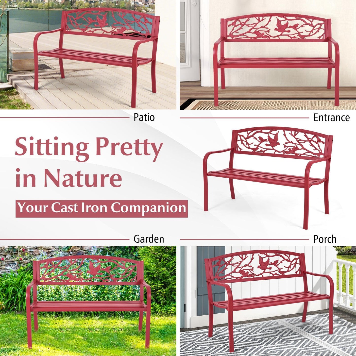 Tangkula Metal Outdoor Garden Bench Park Bench with Bird & Twig Cast Iron Back Pattern