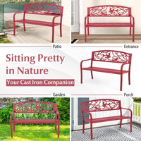 Tangkula Metal Outdoor Garden Bench Park Bench with Bird & Twig Cast Iron Back Pattern