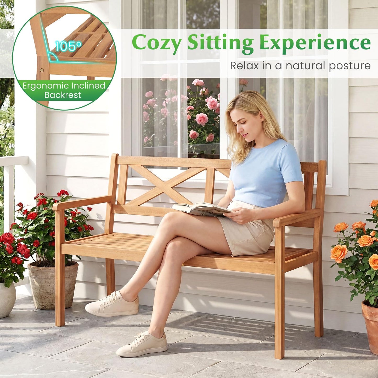 Tangkula Acacia Wood Outdoor Loveseat Bench