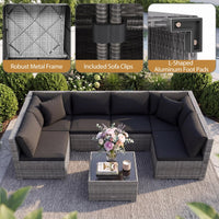 Tangkula 7 Pieces Wicker Sectional Patio Furniture Set | PE Rattan Sofas with Tempered Glass Coffee Table