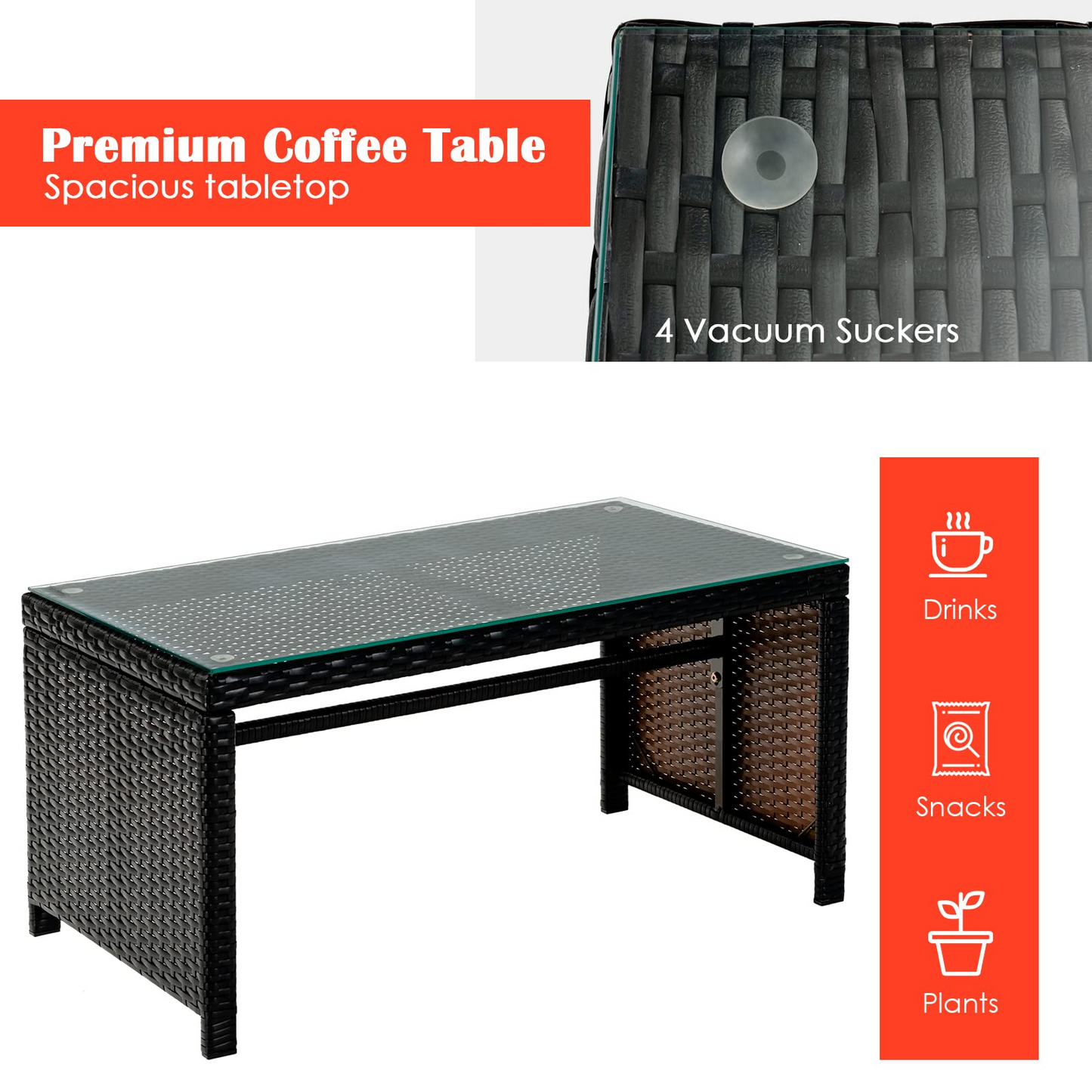 Tangkula 4 Pieces Rattan Furniture Set, Outdoor Conversation Set w/Chair & Loveseat & Tempered Glass Coffee Table