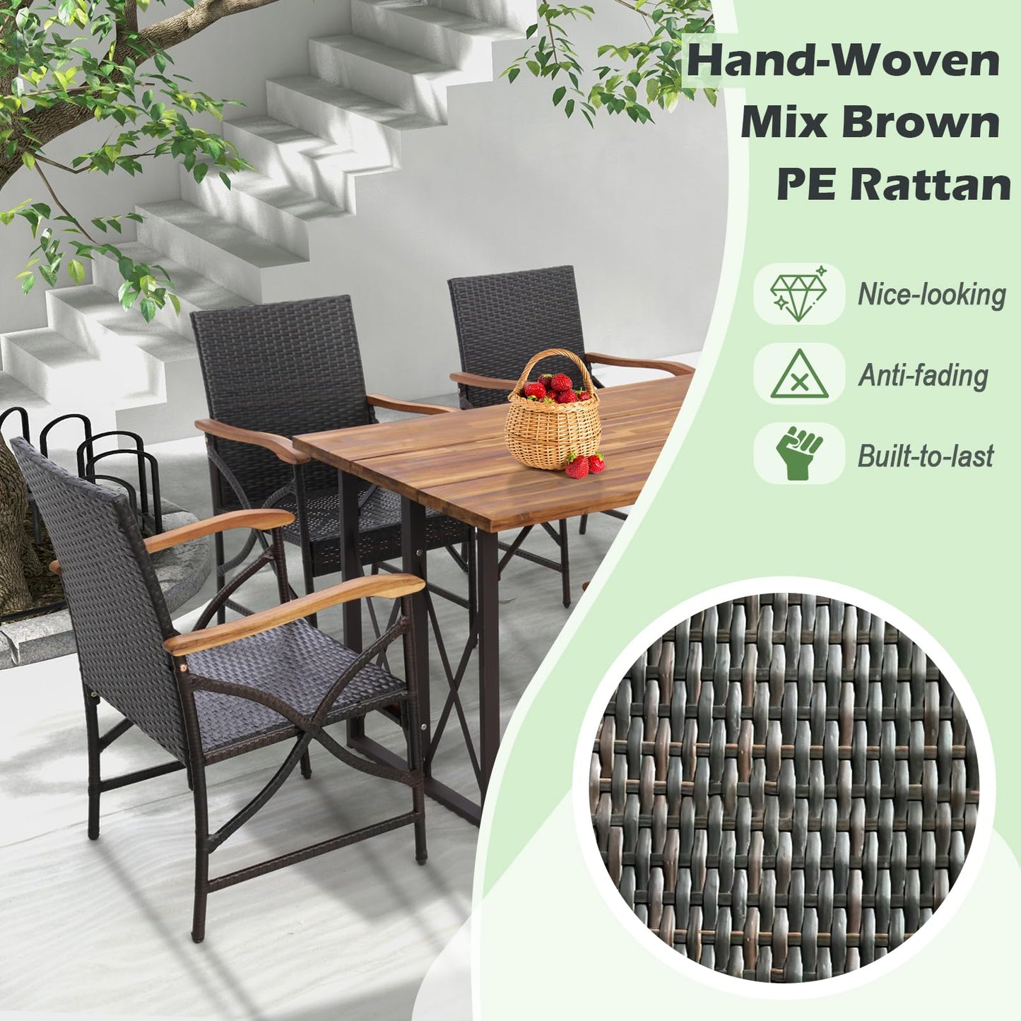 Tangkula Ensemble de salle à manger d'extérieur 5 pièces avec table en bois d'acacia et 4 chaises en rotin tressé avec accoudoirs