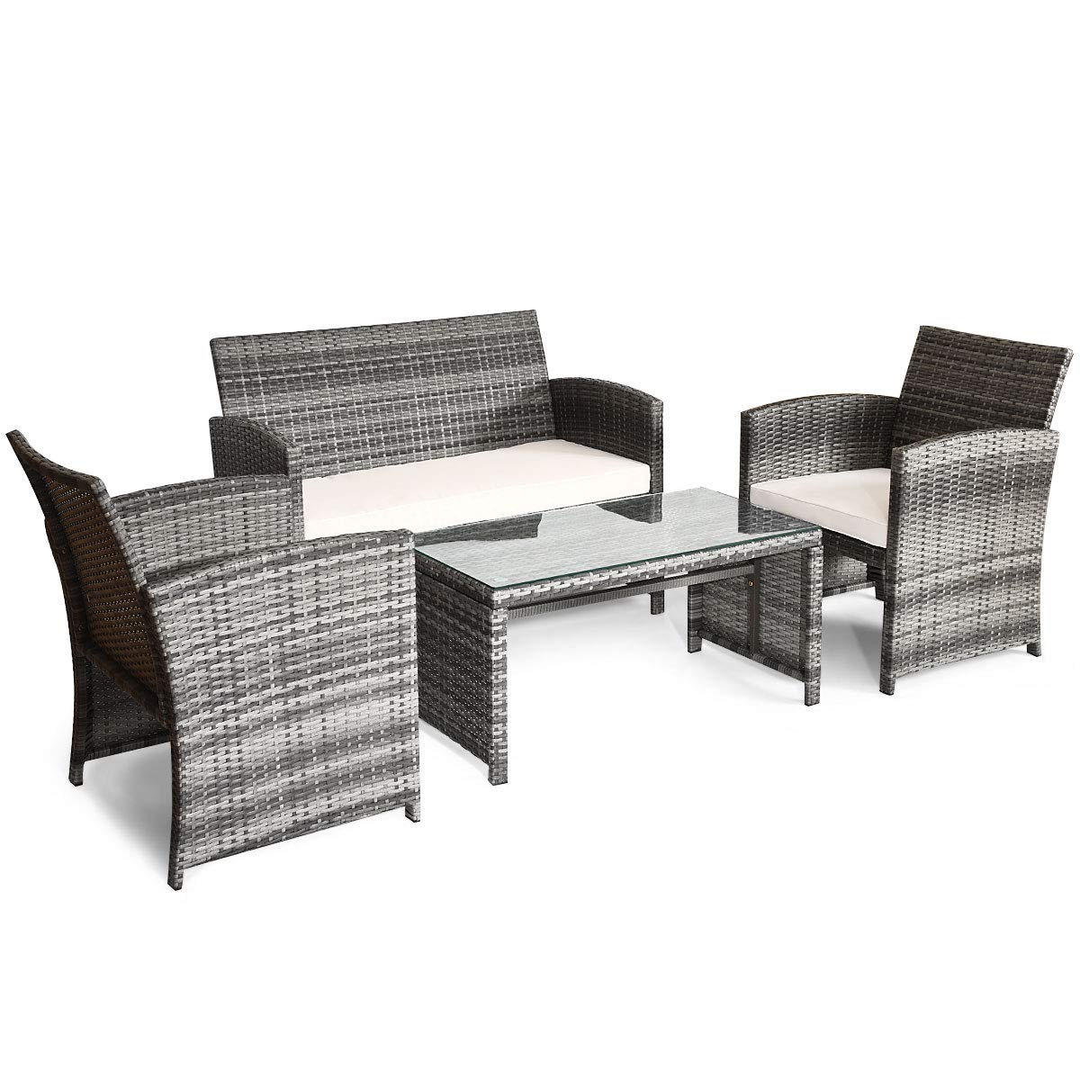 Tangkula 4/8 PCS Wicker Patio Conversation Set, Outdoor Rattan Sofas with Table Set