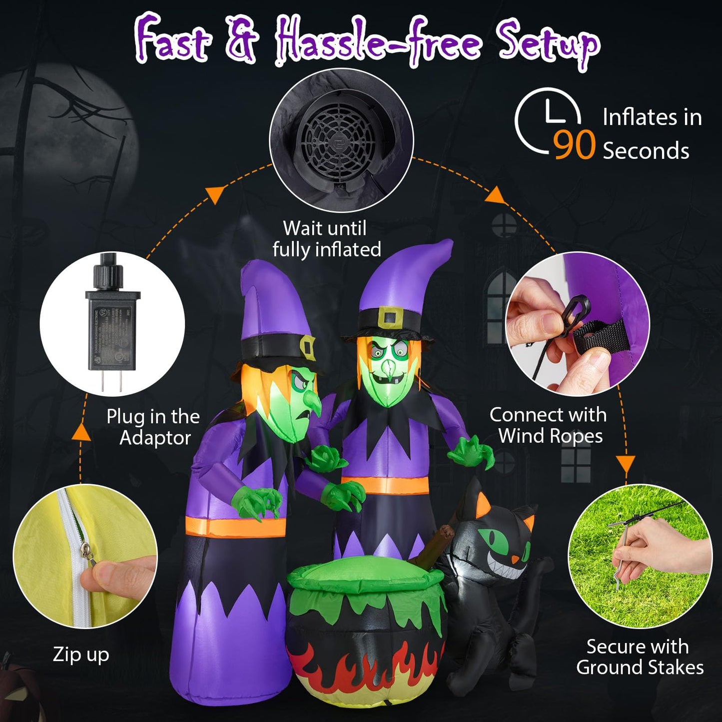 Tangkula Sorcières Gonflables d'Halloween de 6 Pi, 2 Décorations de Sorcières Effrayantes à Souffler avec Chaudron et Chat Noir