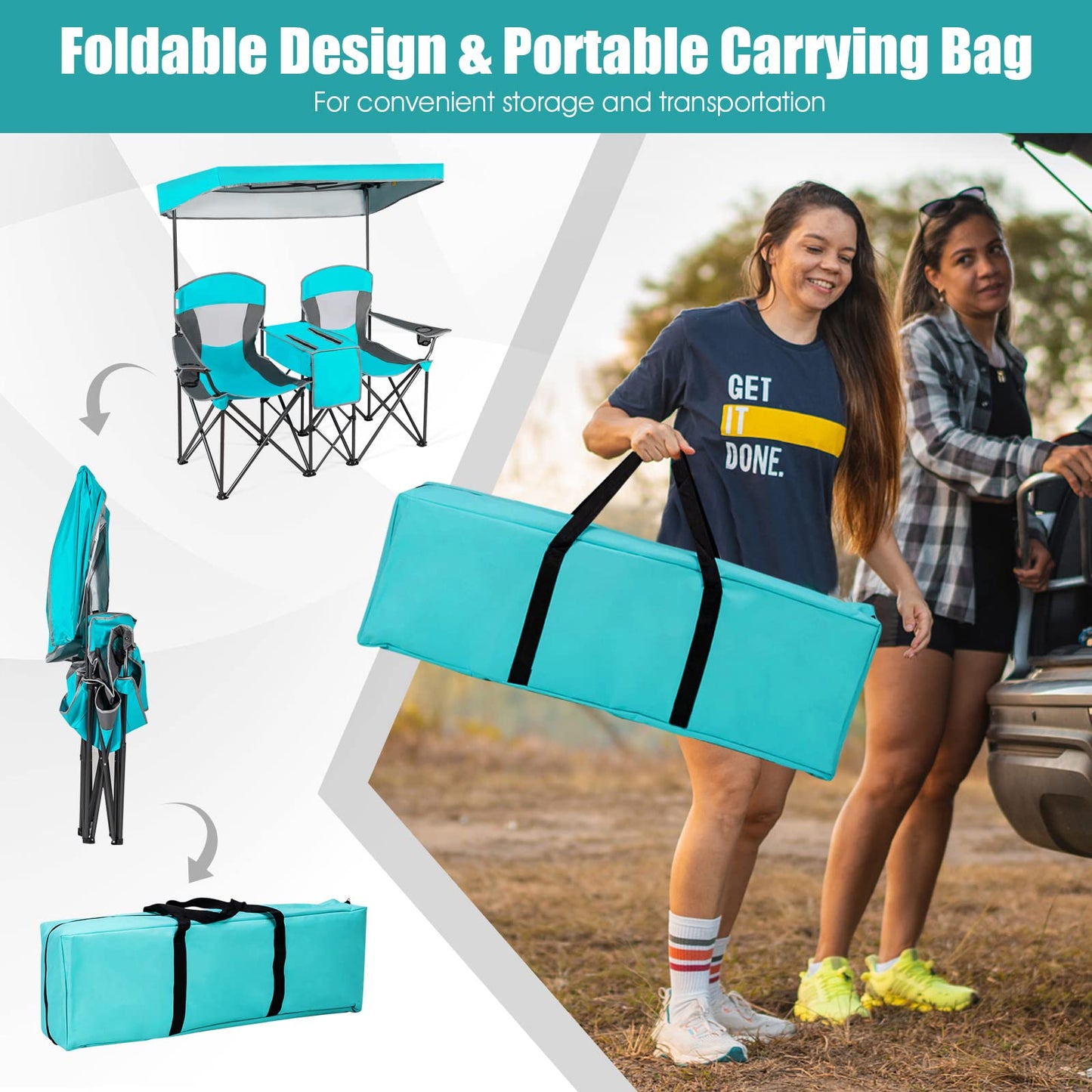 Tangkula Loveseat Camping Chair with Adjustable Shade Canopy
