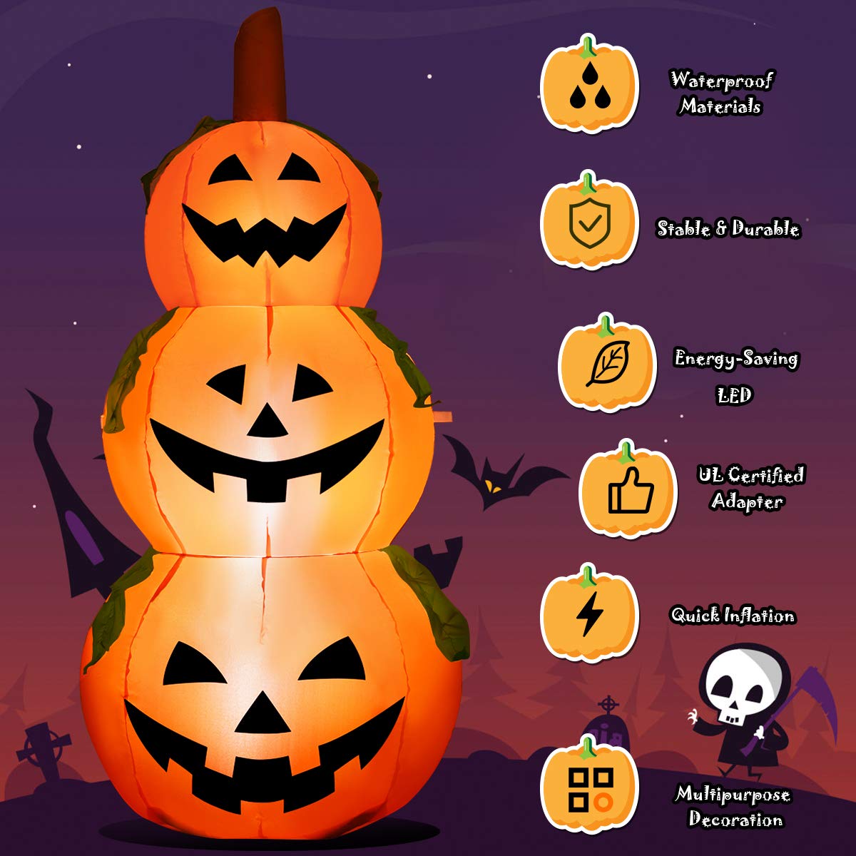 Tangkula 5.2 Ft Halloween Inflatable 3 Pumpkin Stack