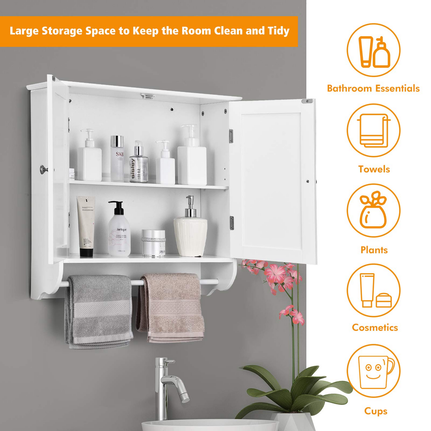 Tangkula Bathroom Cabinet Wall Mounted, Bathroom Medicine Cabinet with Towel Bar & Double Door & Adjustable Shelf