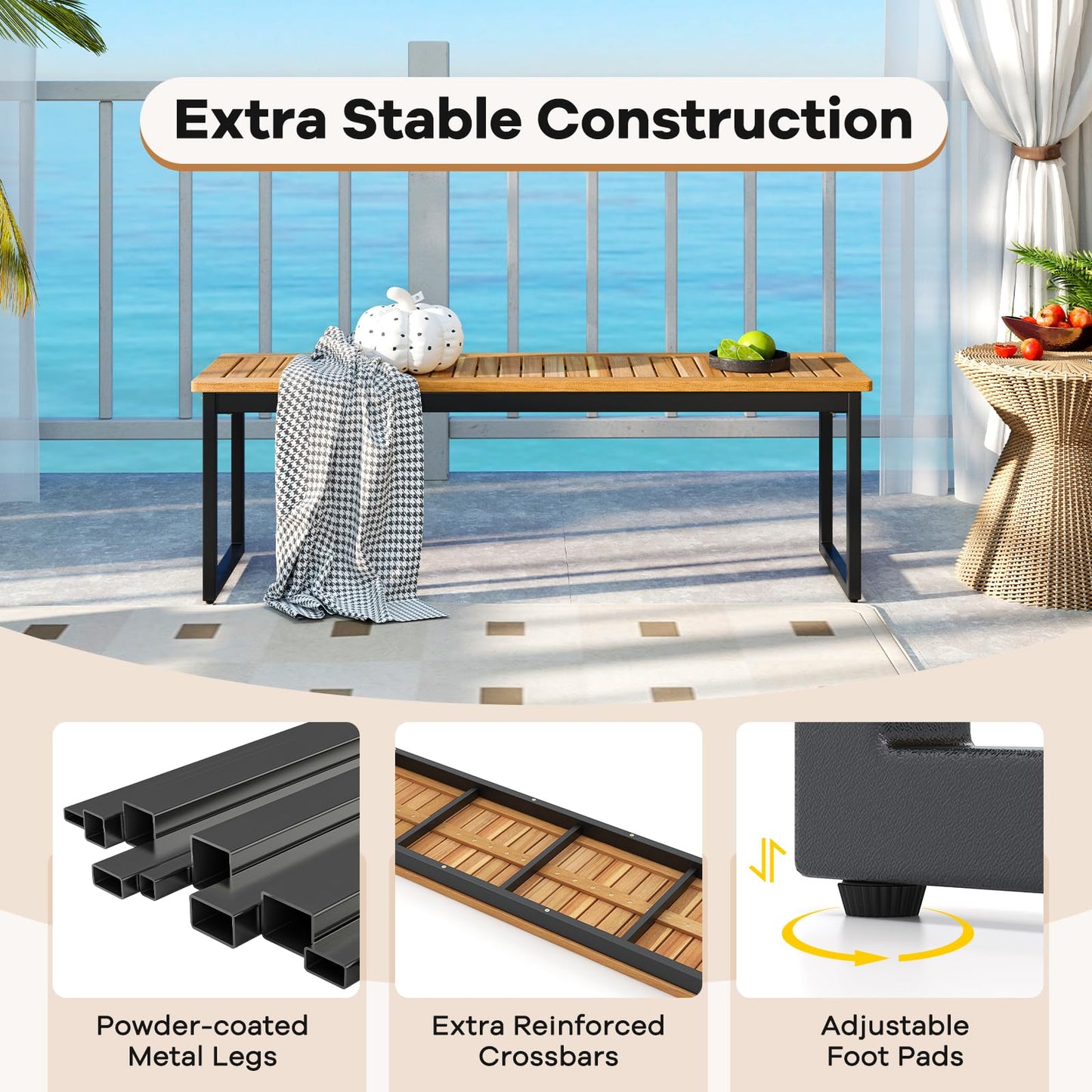 Tangkula Patio Dining Bench, 2-3-person Backless Bench with Slatted Seat & Metal Legs, Indoor Outdoor Bench for Entryway