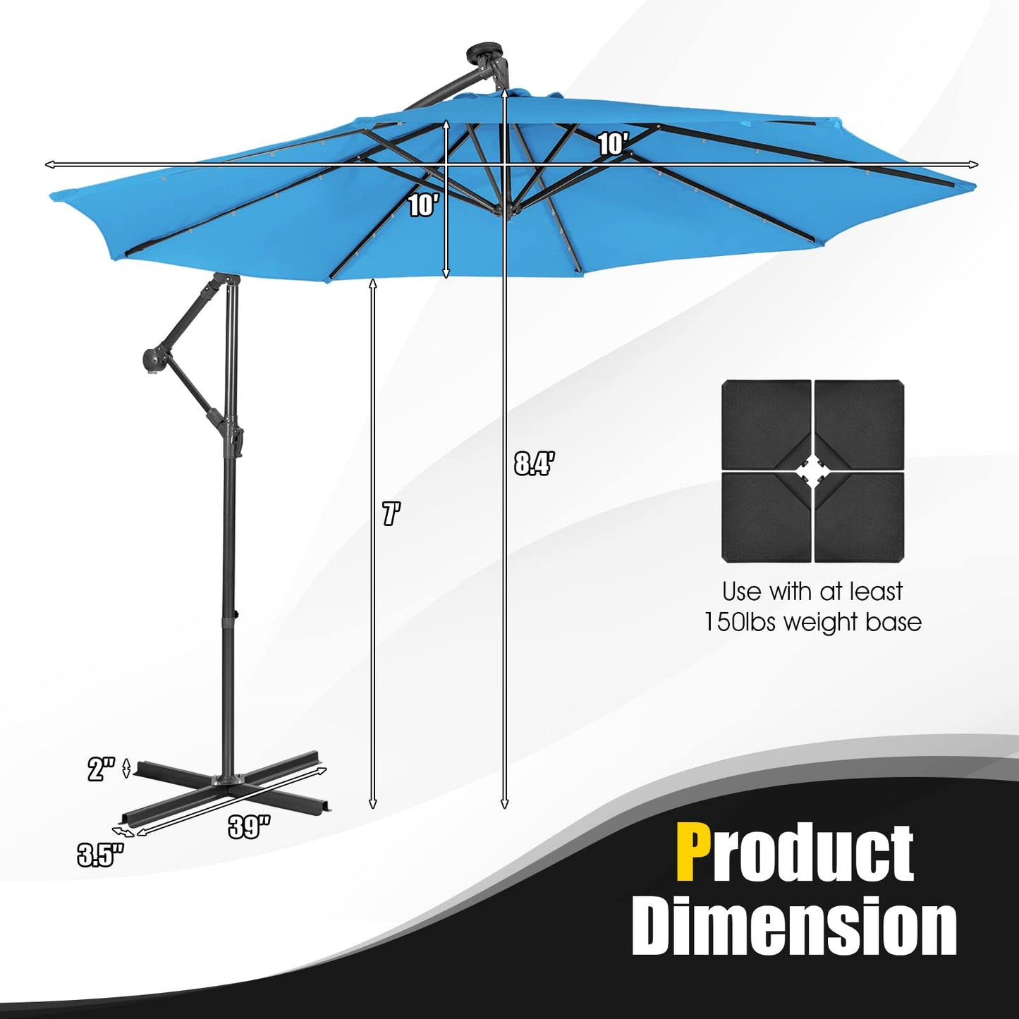 Tangkula 10 ft Cantilever Umbrella w/32 Solar-Powered LED Lights, Functional Tilting System & Hand-Crank Mechanism