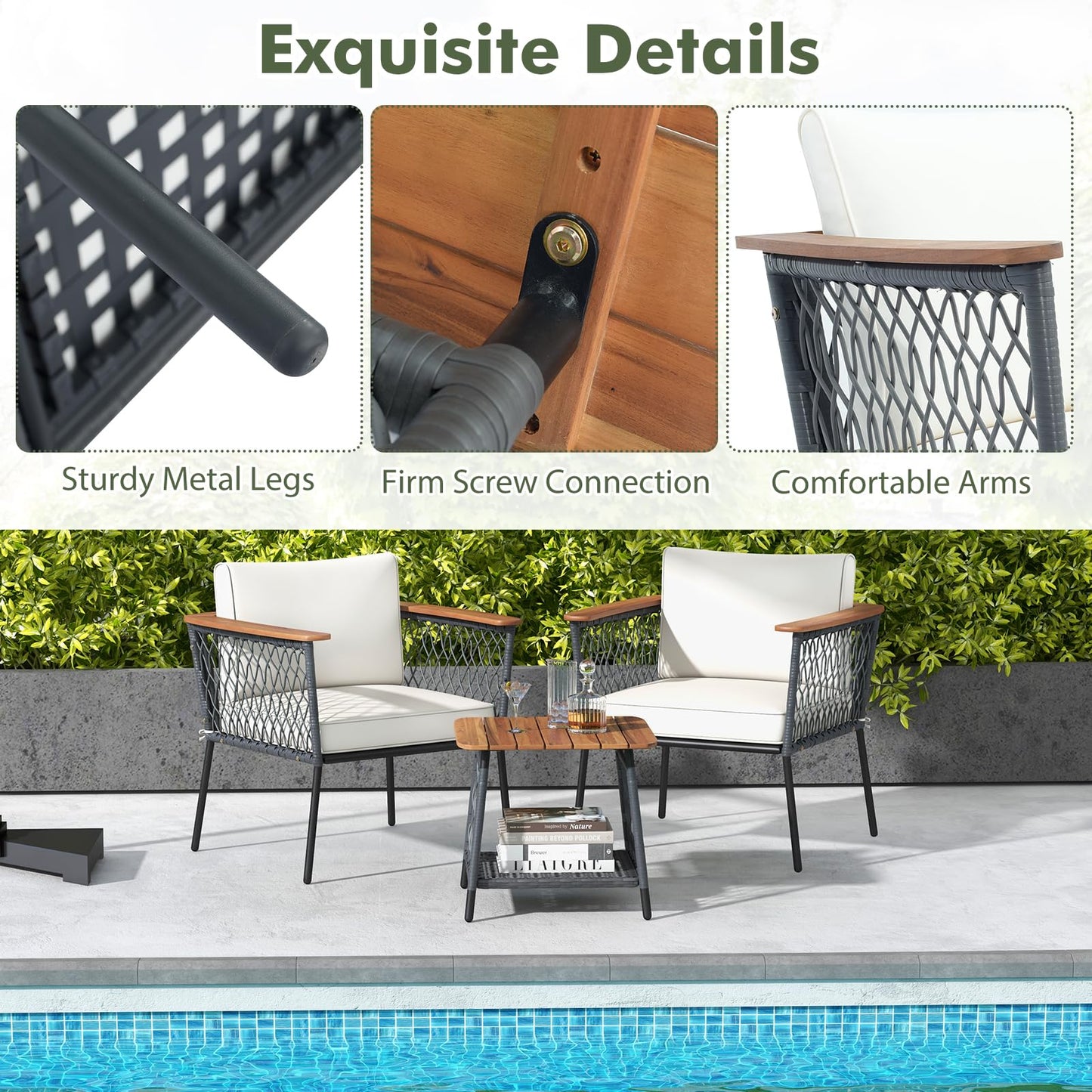 Tangkula 3 Piece Patio Furniture Set, Rattan Chair Set w/ 2-Tier Coffee Table, Acacia Wood Armrests & Tabletop, Soft Seat & Back Cushions