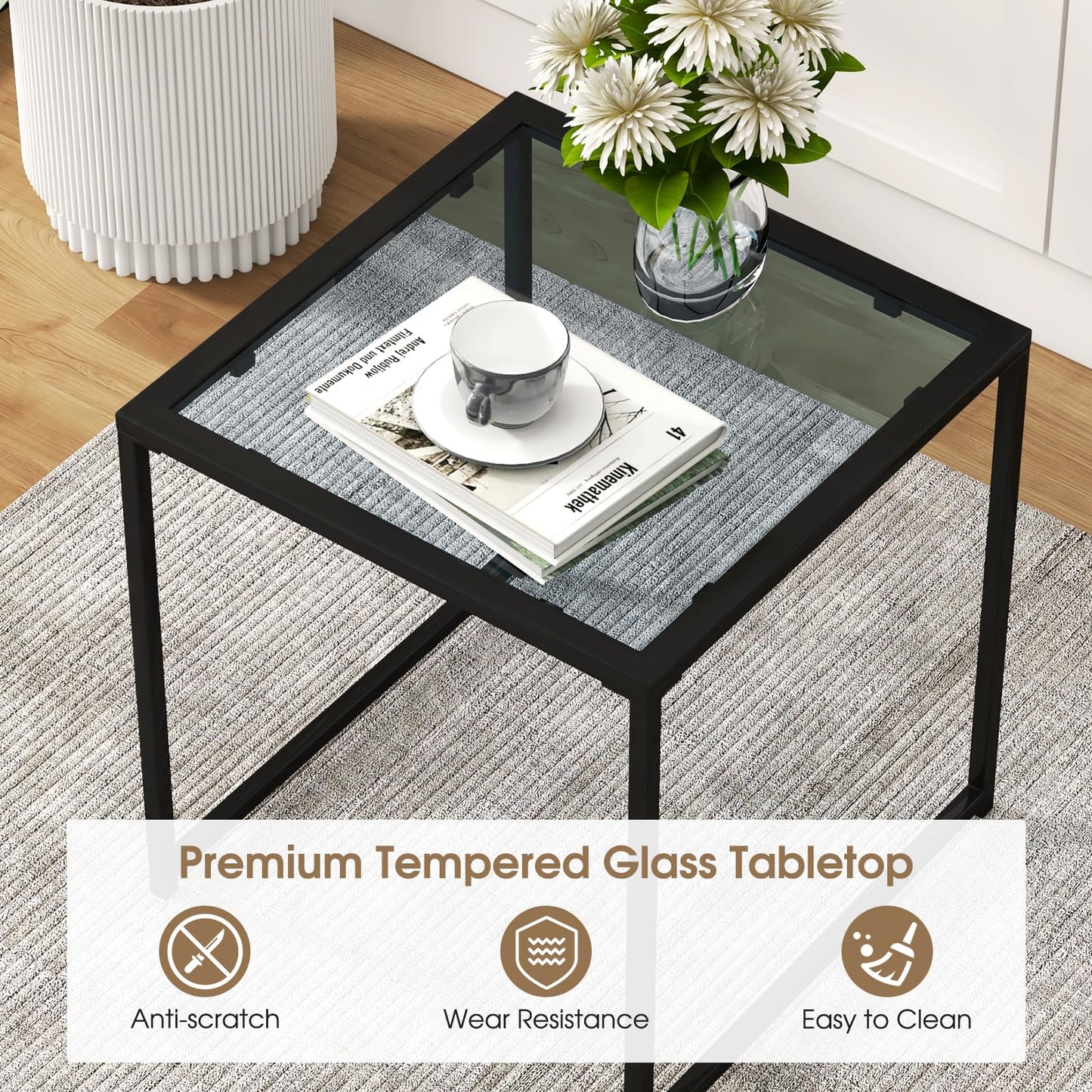 Tangkula Tempered Glass Top Side Table for Living Room Patio Backyard