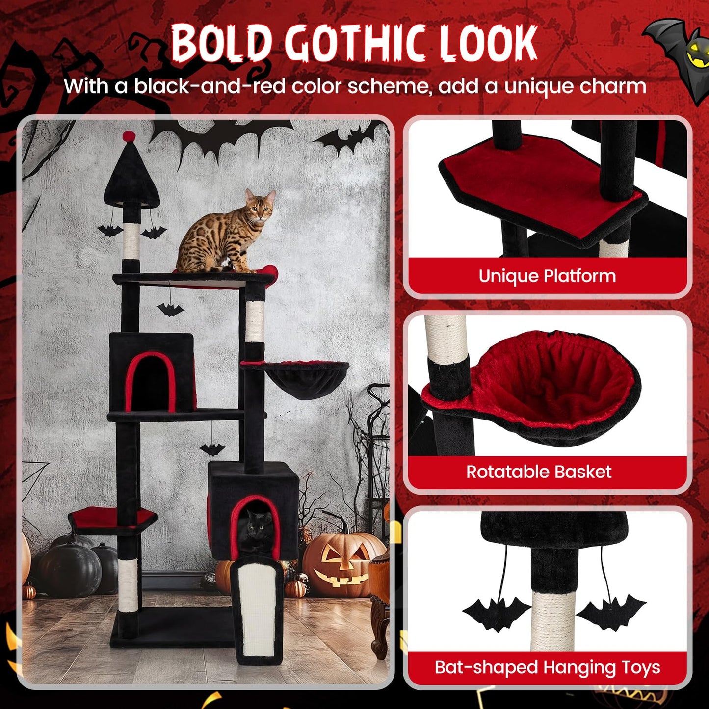 Tangkula 75" Tall Halloween Cat Tower with Sisal Scratching Posts & Ramp