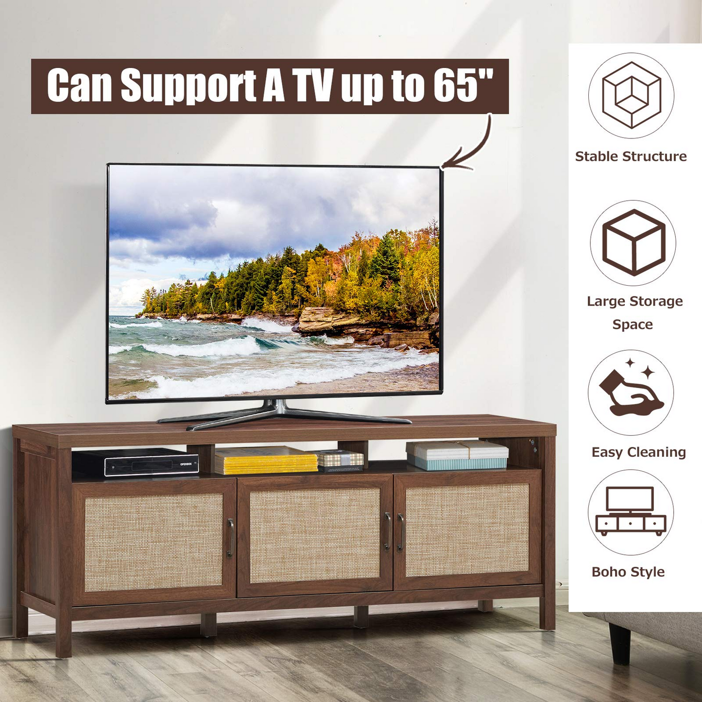 Tangkula Farmhouse Rattan TV Stand, 62 Inches Modern Boho Entertainment Center for TVs up to 65/70 Inches
