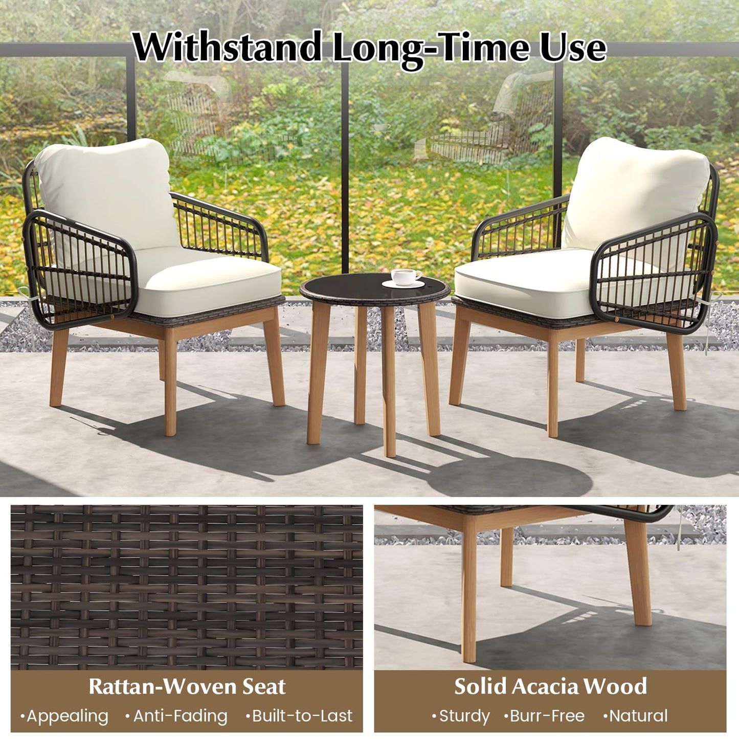 Tangkula 3 Piece Patio Chair Set, Wicker Chair & Side Table Set with Soft Cushions & Tempered Glass Tabletop