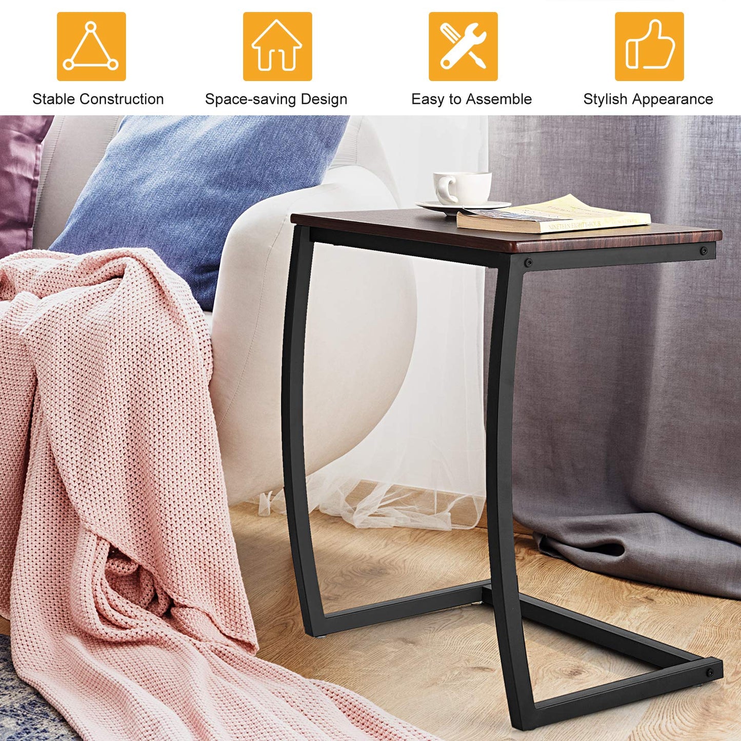 Tangkula C Shaped Couch Side Table with Steel Frame for Bed