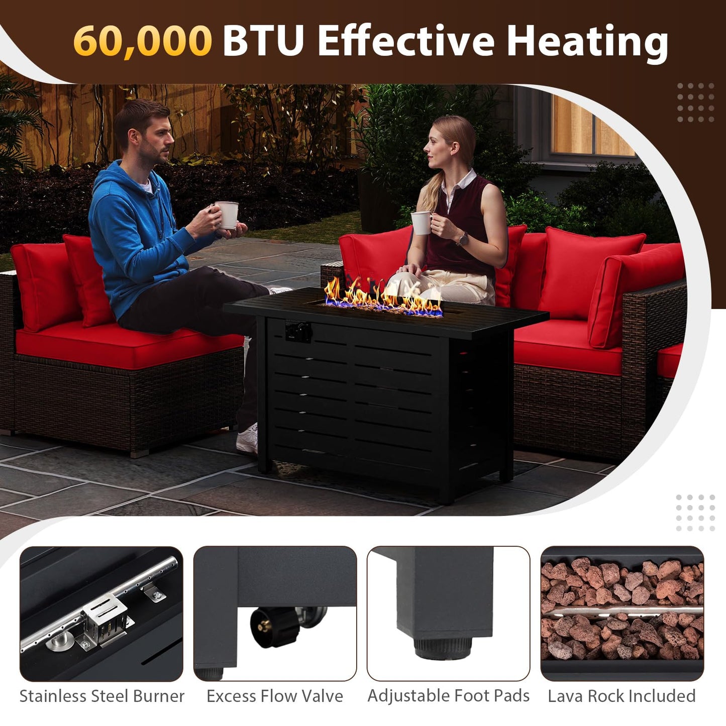 Tangkula 5 Piece Patio Rattan Sectional Sofa Set with 60,000 BTU Firepit Table