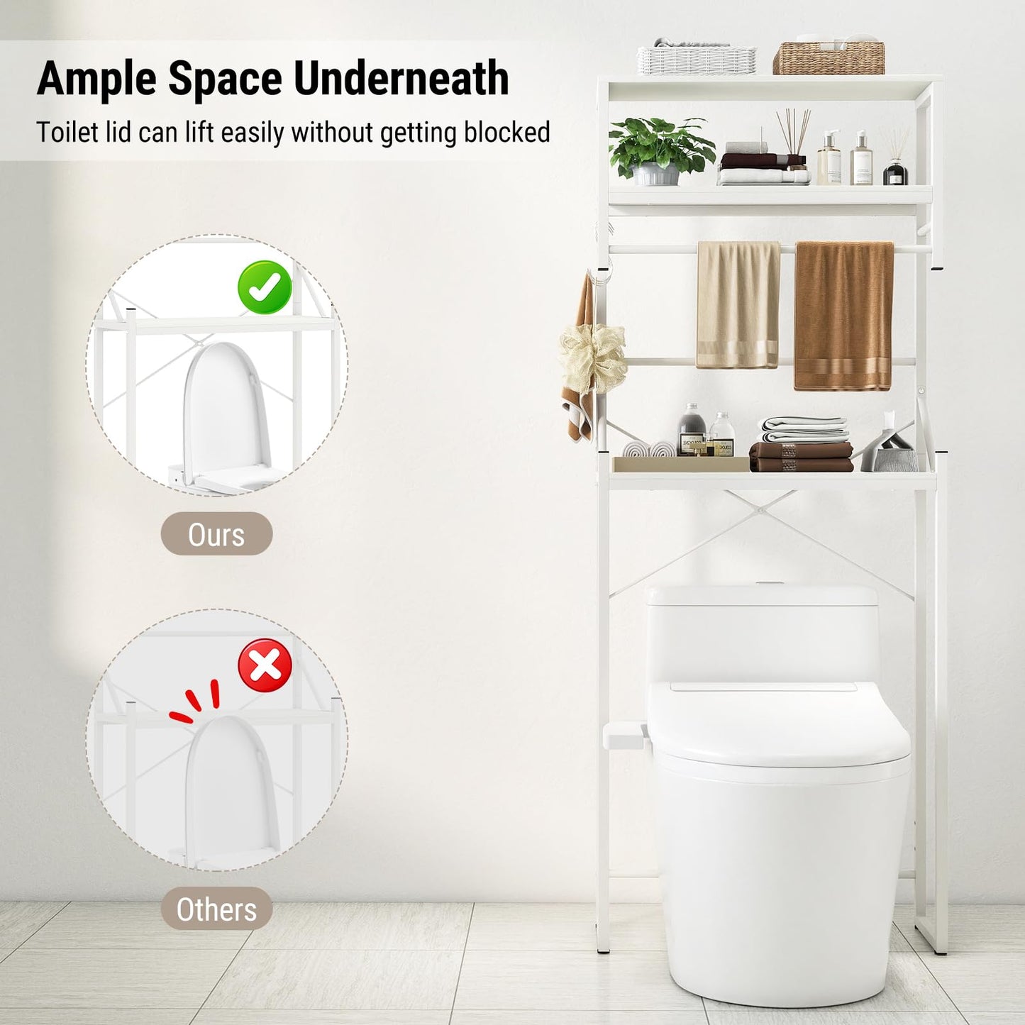 Tangkula 3-Tier Over The Toilet Storage with Hanging Bar & 3 S-Shaped Hooks