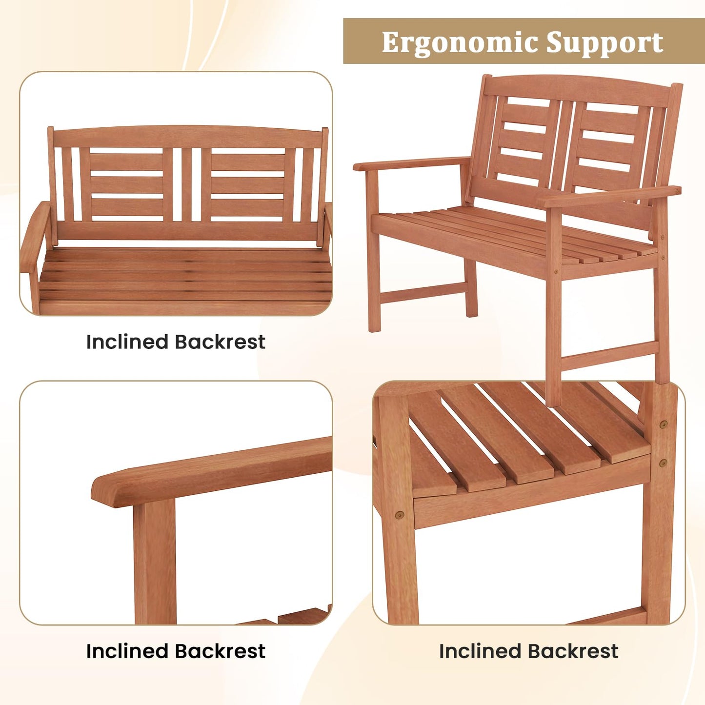 Tangkula Patio Wood Bench Garden Armrest Loveseat with Inclined Backrest