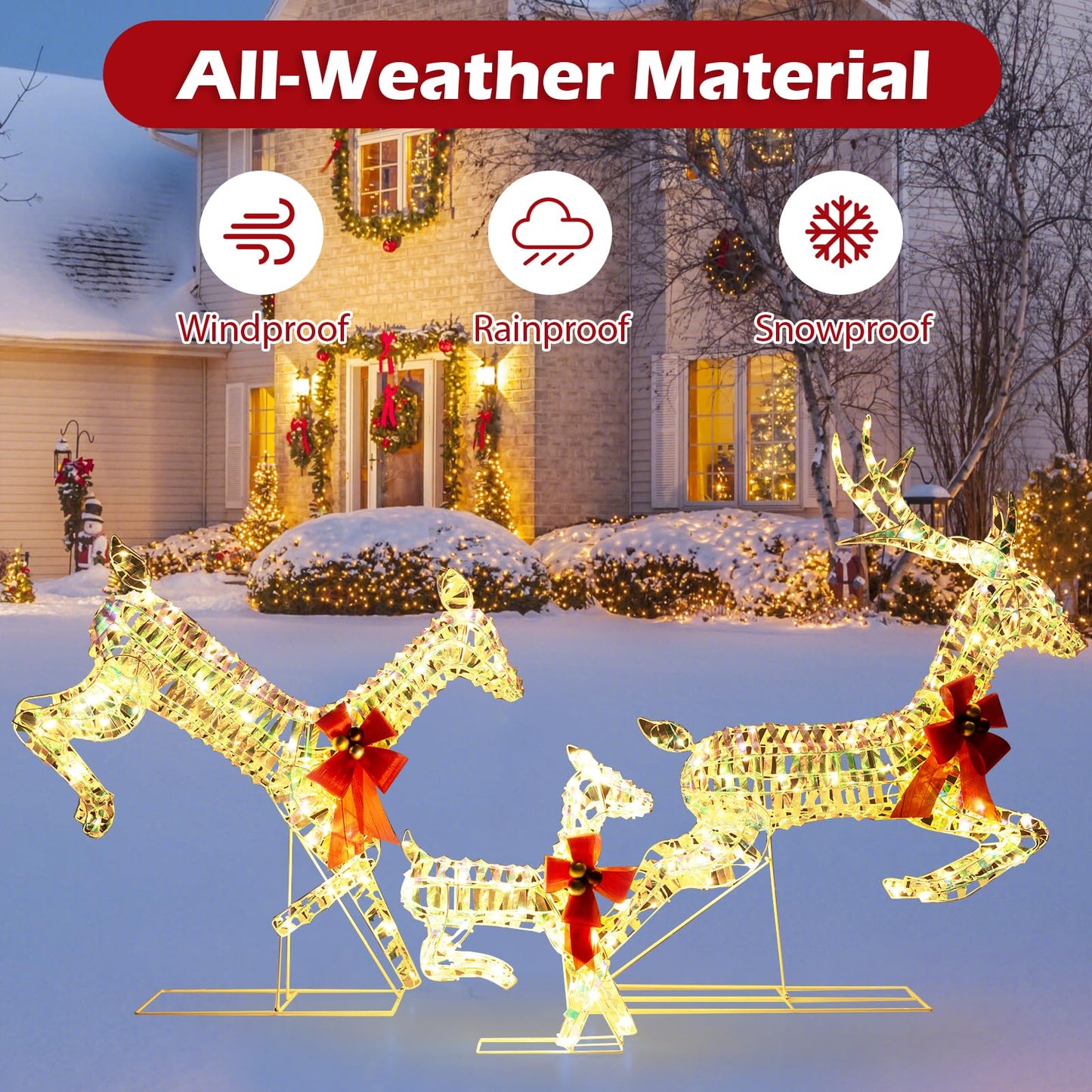 Tangkula 3-Piece Outdoor Christmas Lighted Reindeer Family Set, Light up Xmas Deer Decorations ( 3.4 FT+3.1 FT+1.6 FT )
